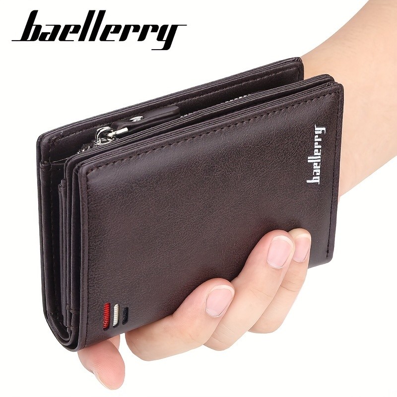 BAELLERRY Men’s Business Retro Short Wallet – PU Leather Multi-Card Wallet with Buckle & Zipper Bank Card Holder