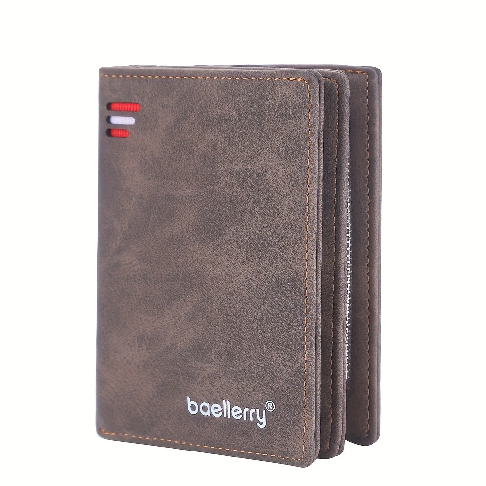 BAELLERRY Men’s Business Retro Short Wallet – PU Leather Multi-Card Wallet with Buckle & Zipper Bank Card Holder