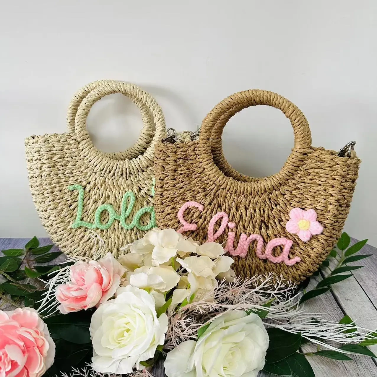 DIY Letter Name Seaside Vacation Style Grass Woven Handbag Straw Tote Crossbody Bag