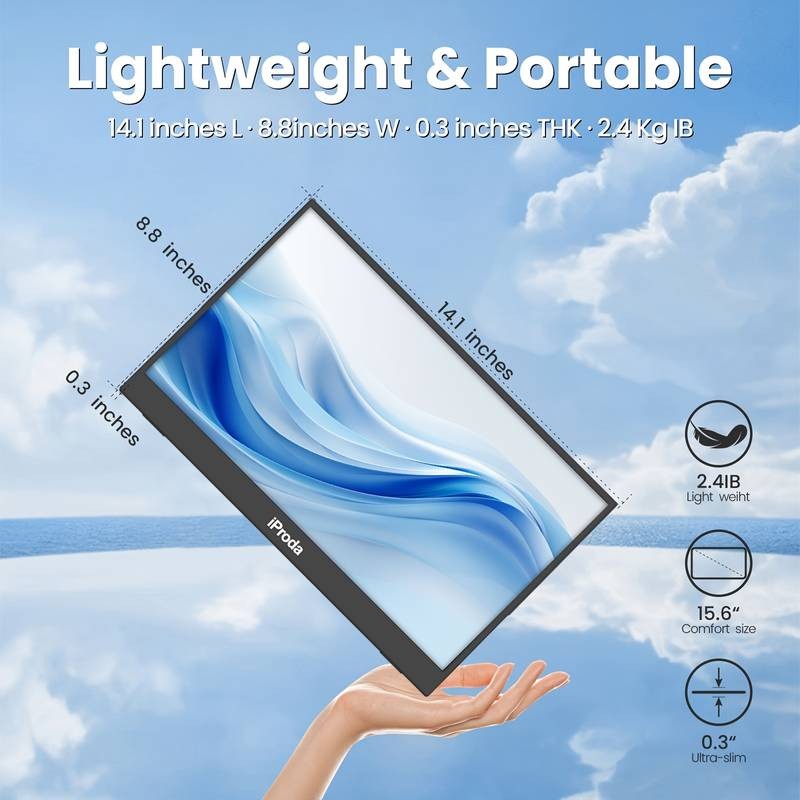 IPRODA 15.6" Portable Monitor – Full HD IPS Display for Gaming, Travel & Productivity