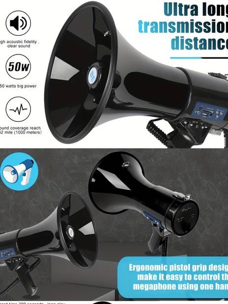 BS 50W Portable USB Loudspeaker & Megaphone – Powerful Sound, Detachable Mic & Recording Playback for Any Event