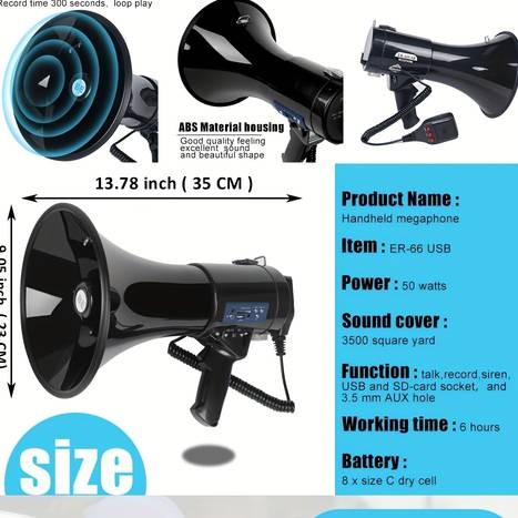 BS 50W Portable USB Loudspeaker & Megaphone – Powerful Sound, Detachable Mic & Recording Playback for Any Event