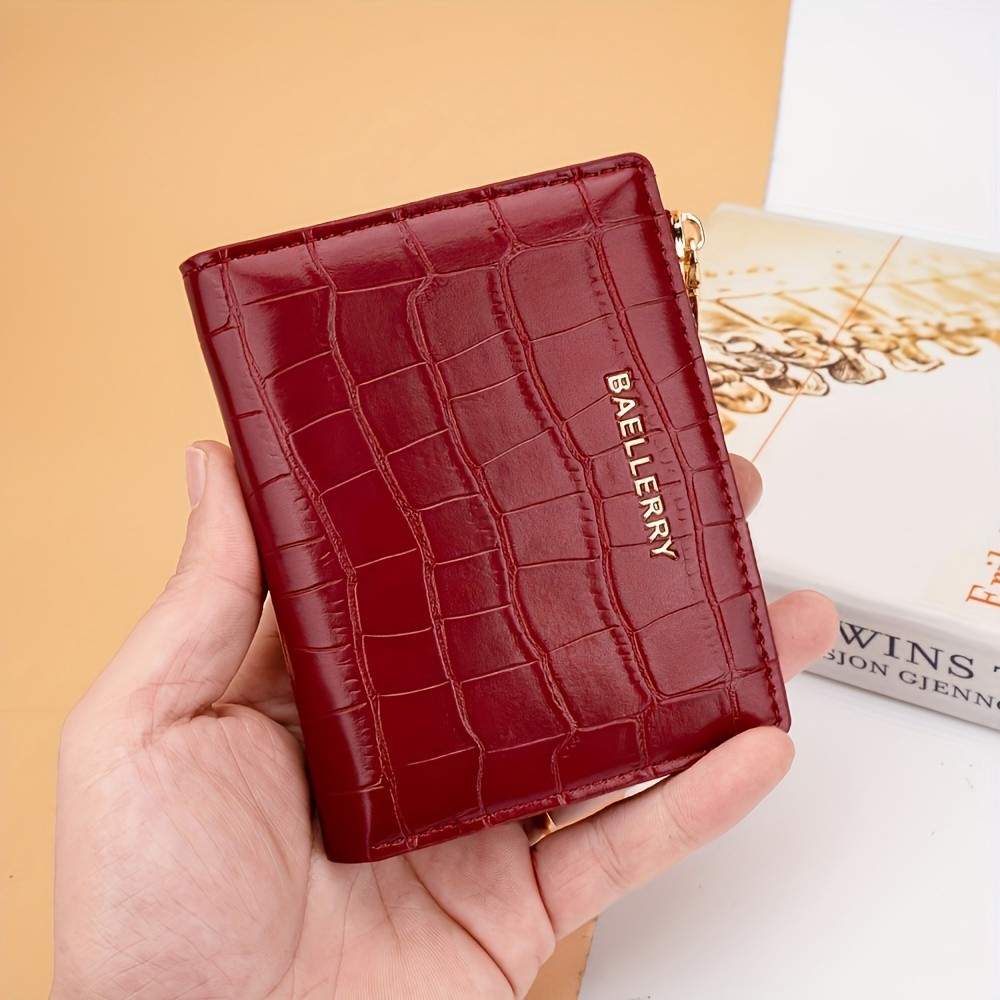 BAELLERRY Women’s Compact Wallet – Short Embossed Stone-Pattern Wallet with Snap Closure, Zipper Coin Pocket & Credit Card Slots