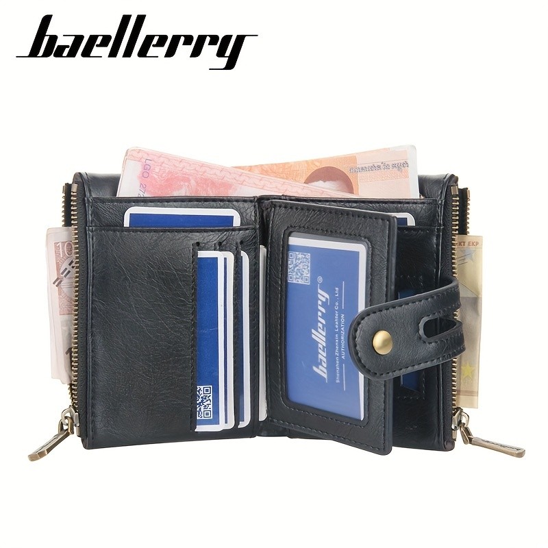 BAELLERRY Men’s Business Retro Short Wallet – Faux Leather Multi-Card Double-Pull Bank Card Holder