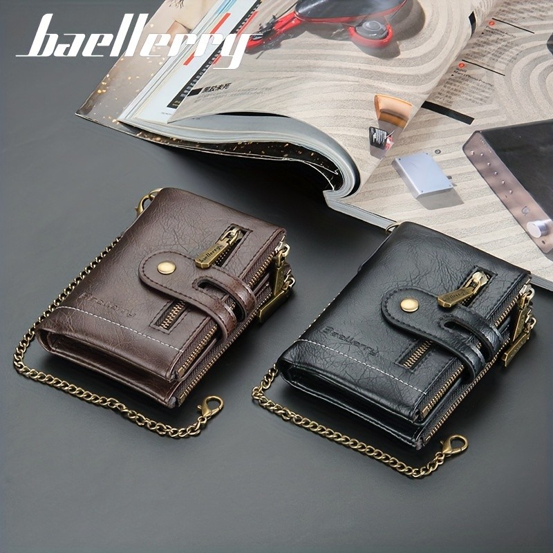 BAELLERRY Men’s Business Retro Short Wallet – Faux Leather Multi-Card Double-Pull Bank Card Holder
