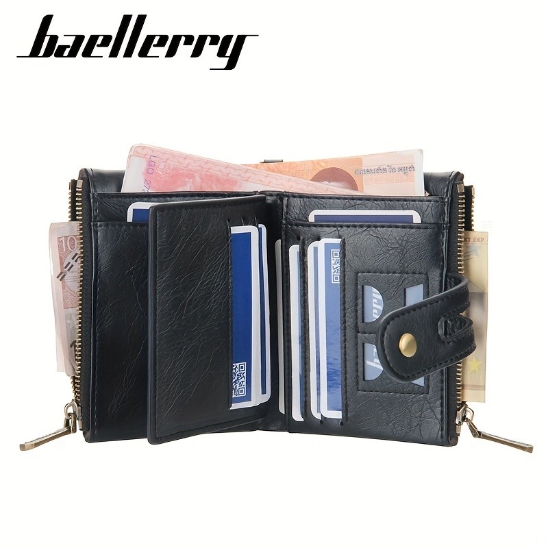 BAELLERRY Men’s Business Retro Short Wallet – Faux Leather Multi-Card Double-Pull Bank Card Holder