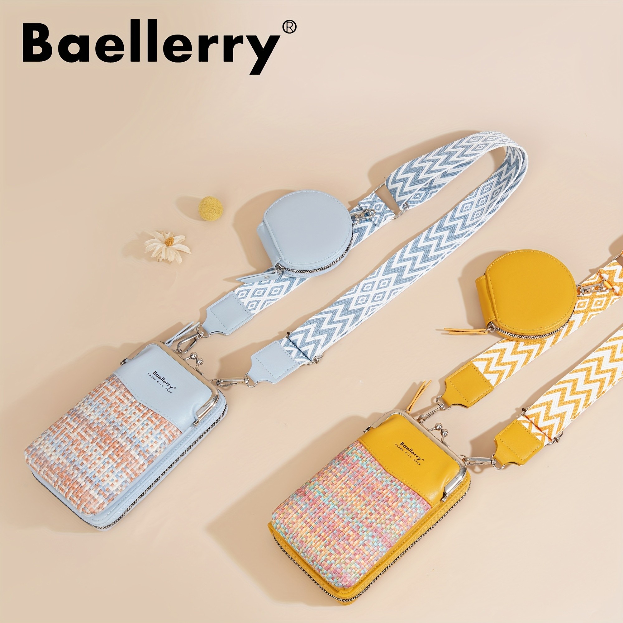 BAELLERRY Women’s Mini Crossbody Bag – Stylish Synthetic Shoulder Bag with Vibrant Yellow & Orange Zigzag Strap