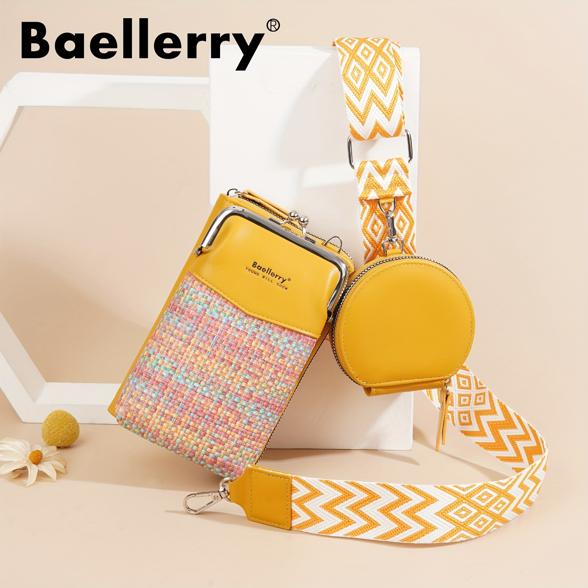 BAELLERRY Women’s Mini Crossbody Bag – Stylish Synthetic Shoulder Bag with Vibrant Yellow & Orange Zigzag Strap