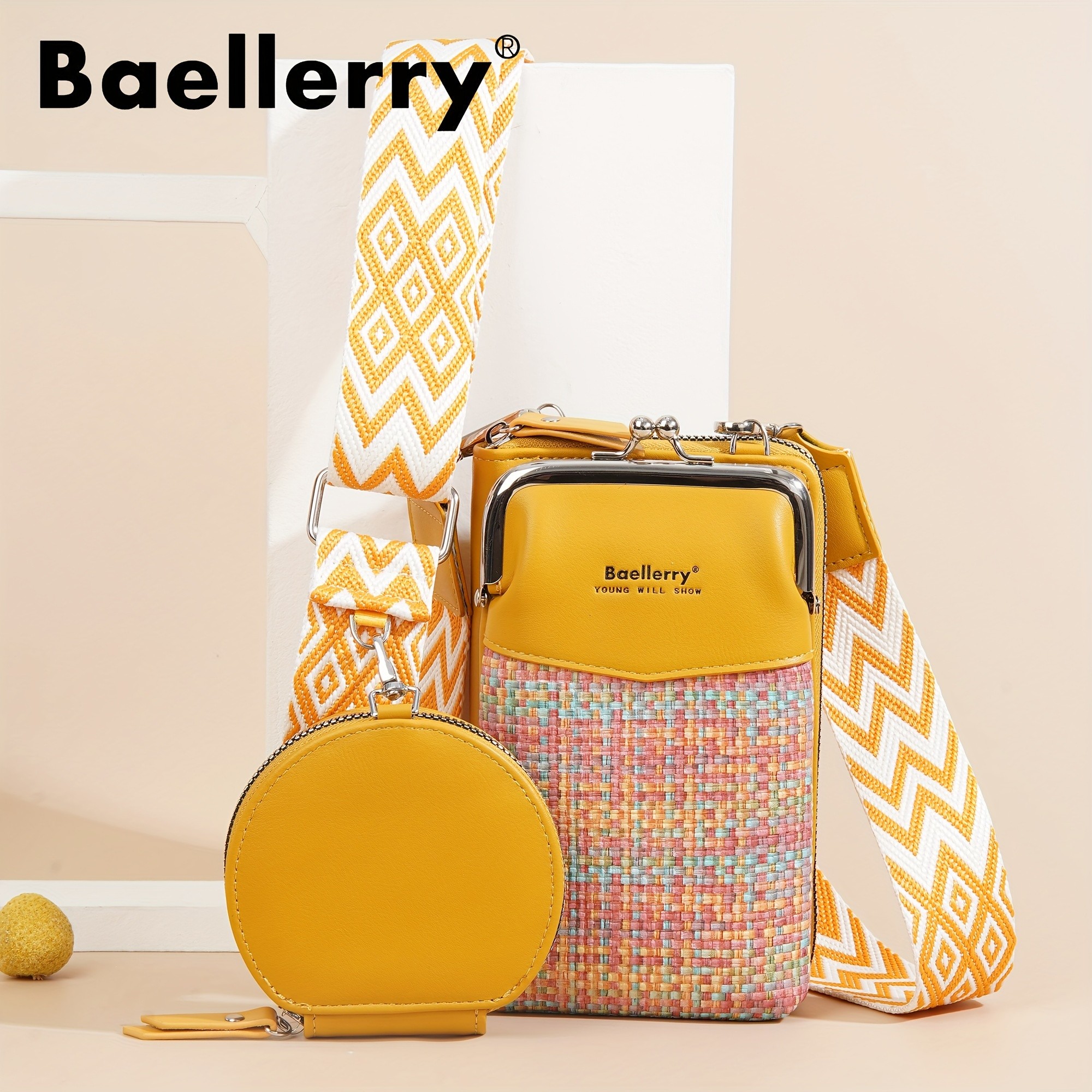 BAELLERRY Women’s Mini Crossbody Bag – Stylish Synthetic Shoulder Bag with Vibrant Yellow & Orange Zigzag Strap