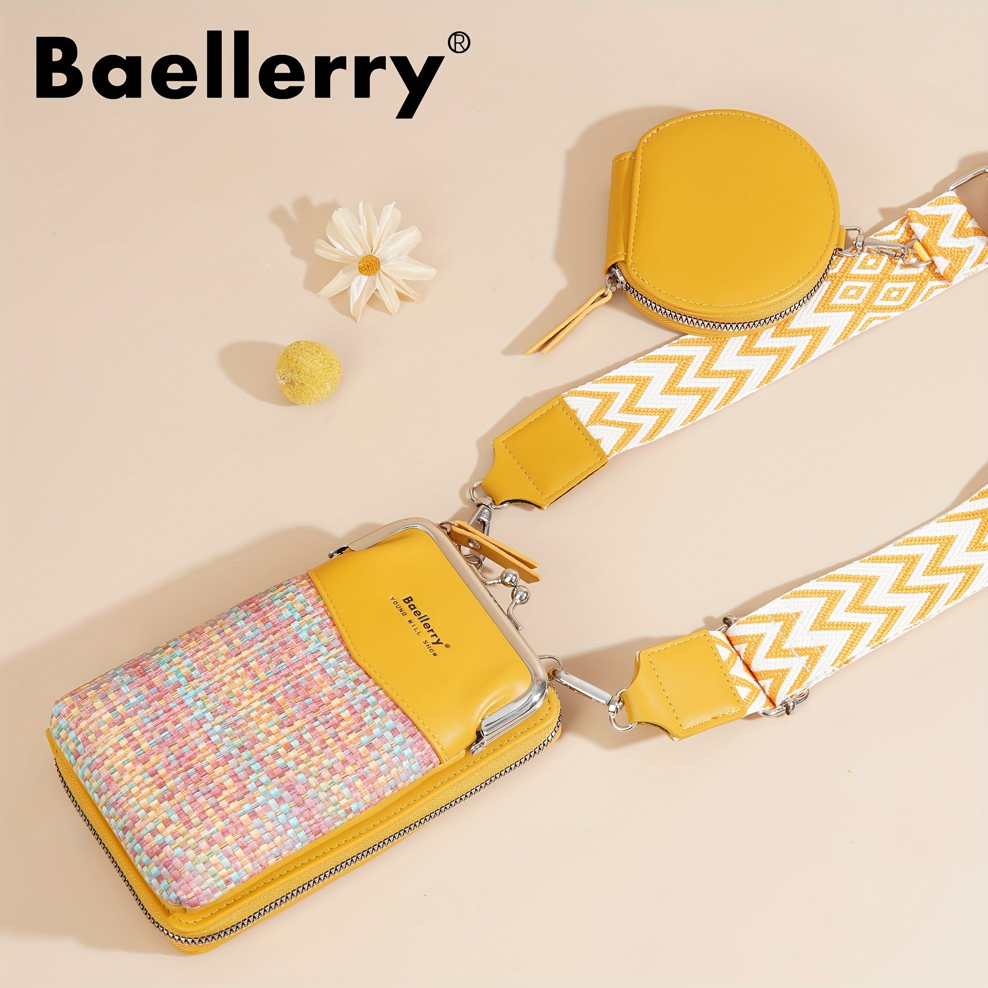 BAELLERRY Women’s Mini Crossbody Bag – Stylish Synthetic Shoulder Bag with Vibrant Yellow & Orange Zigzag Strap