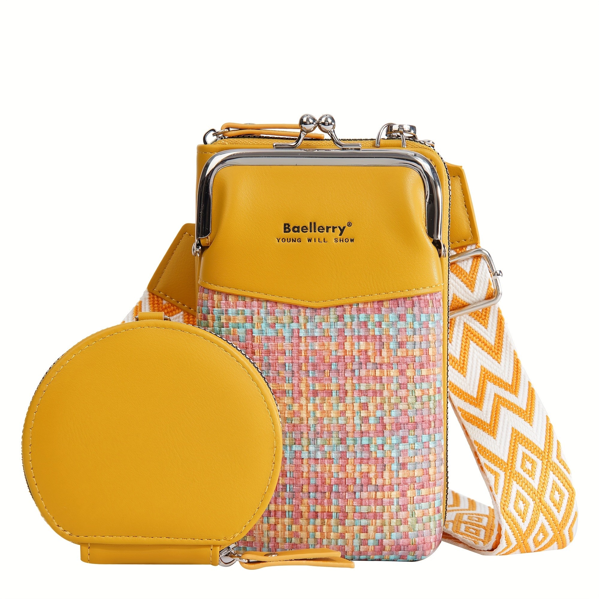 BAELLERRY Women’s Mini Crossbody Bag – Stylish Synthetic Shoulder Bag with Vibrant Yellow & Orange Zigzag Strap