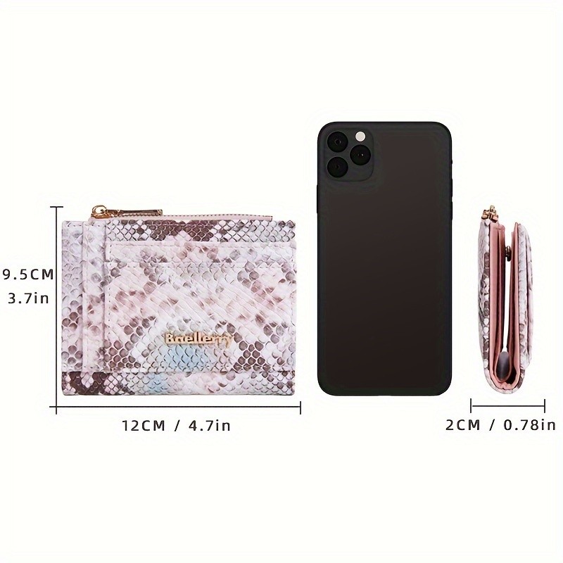 BAELLERRY Mini Women’s Wallet – Snake Pattern Short Wallet with Multi-Card Slots, Press Buckle, Money Clip & Zipper Coin Purse
