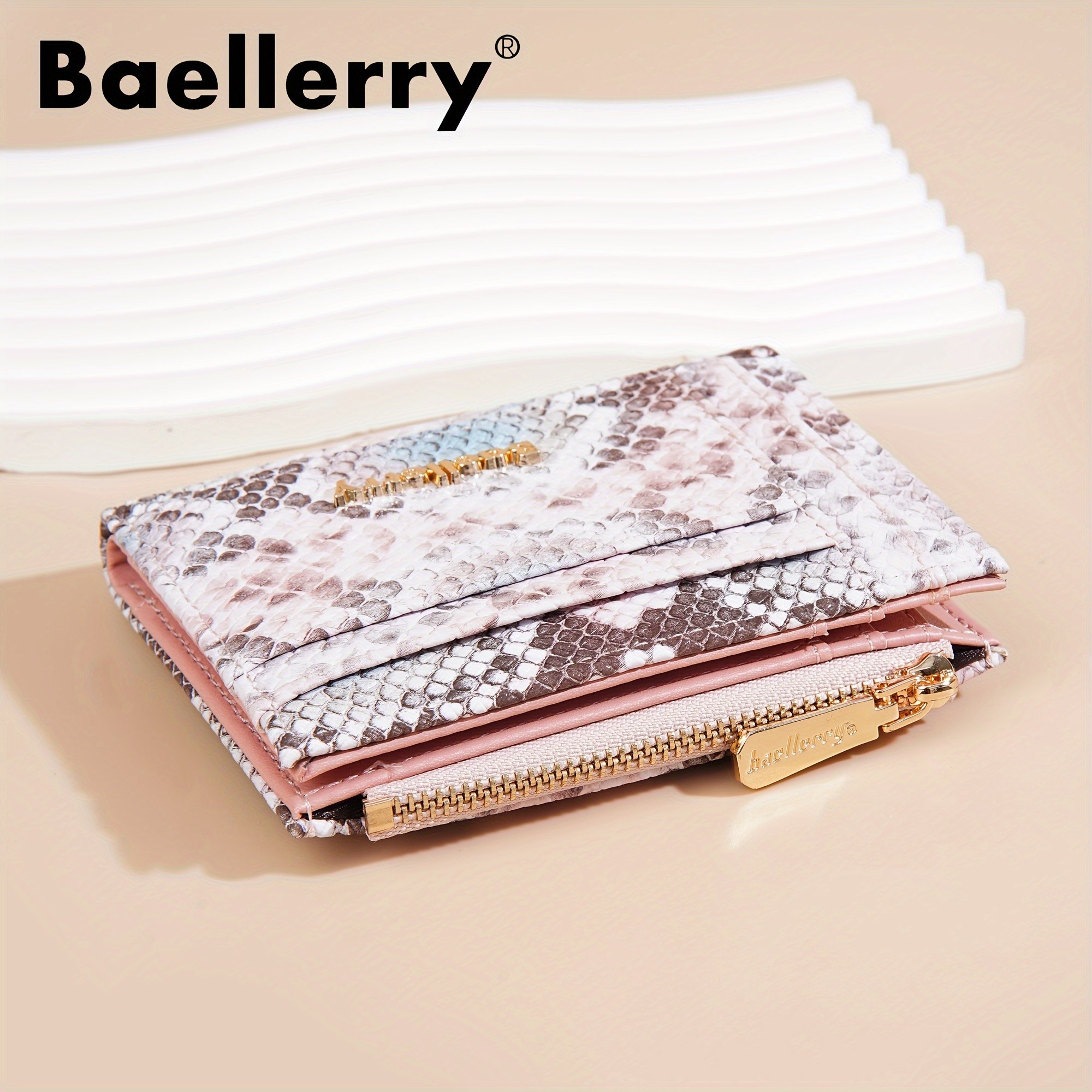 BAELLERRY Mini Women’s Wallet – Snake Pattern Short Wallet with Multi-Card Slots, Press Buckle, Money Clip & Zipper Coin Purse