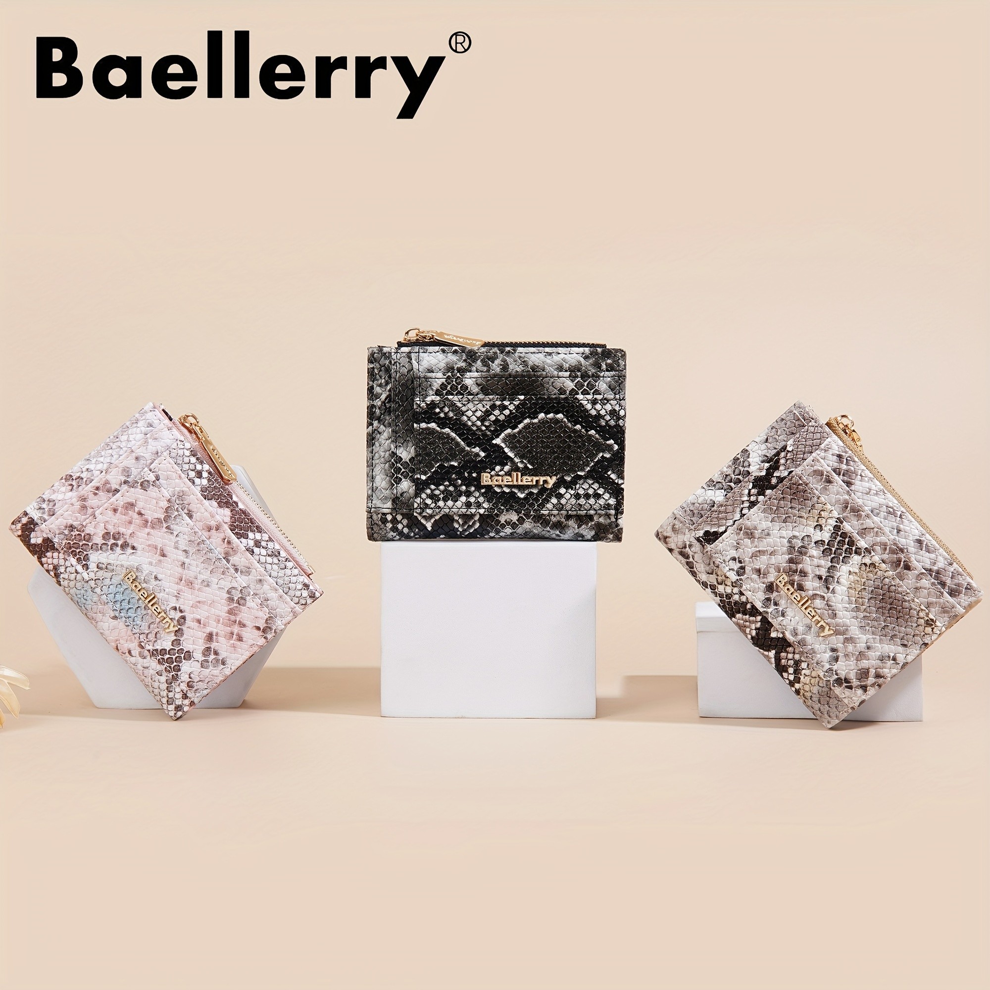 BAELLERRY Mini Women’s Wallet – Snake Pattern Short Wallet with Multi-Card Slots, Press Buckle, Money Clip & Zipper Coin Purse
