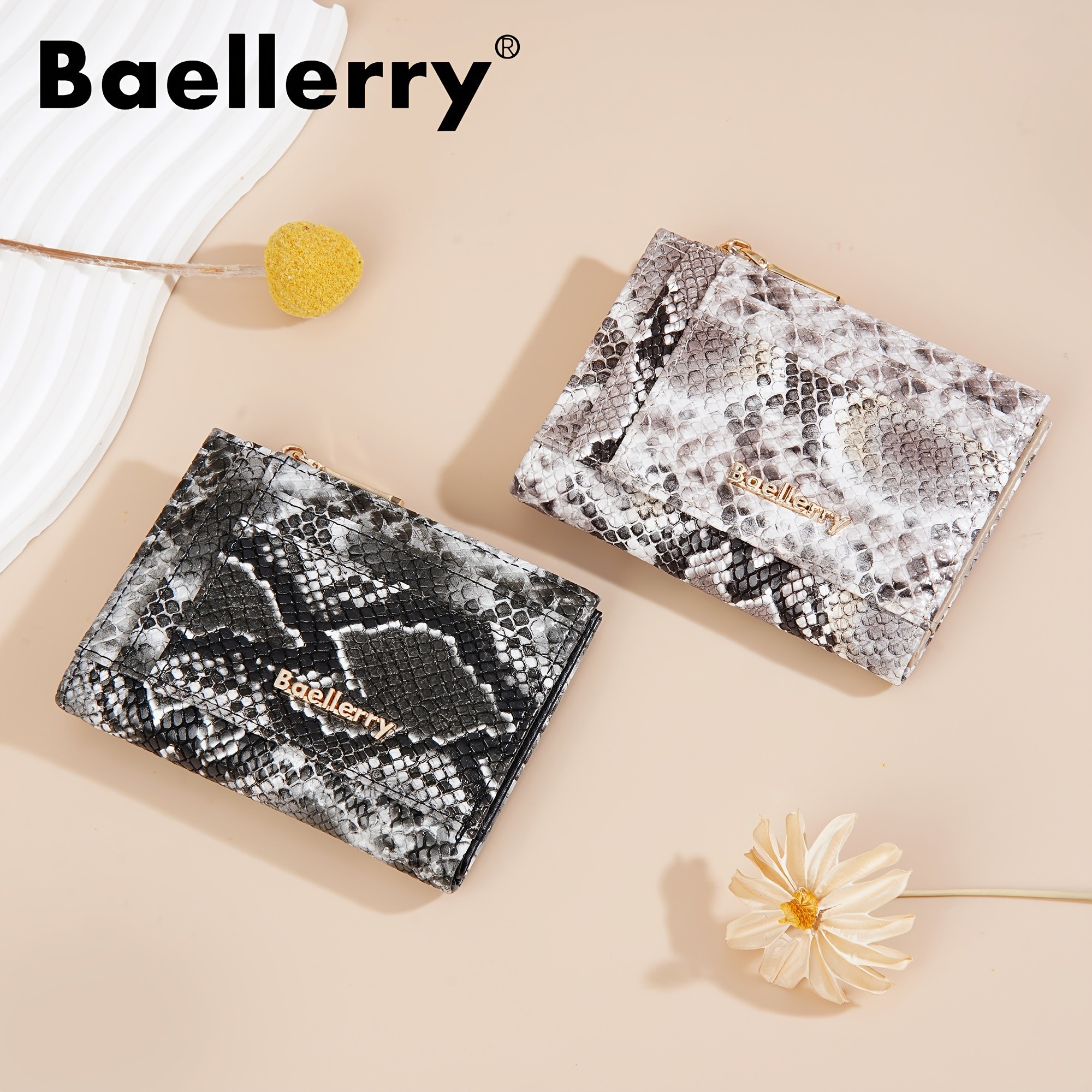 BAELLERRY Mini Women’s Wallet – Snake Pattern Short Wallet with Multi-Card Slots, Press Buckle, Money Clip & Zipper Coin Purse