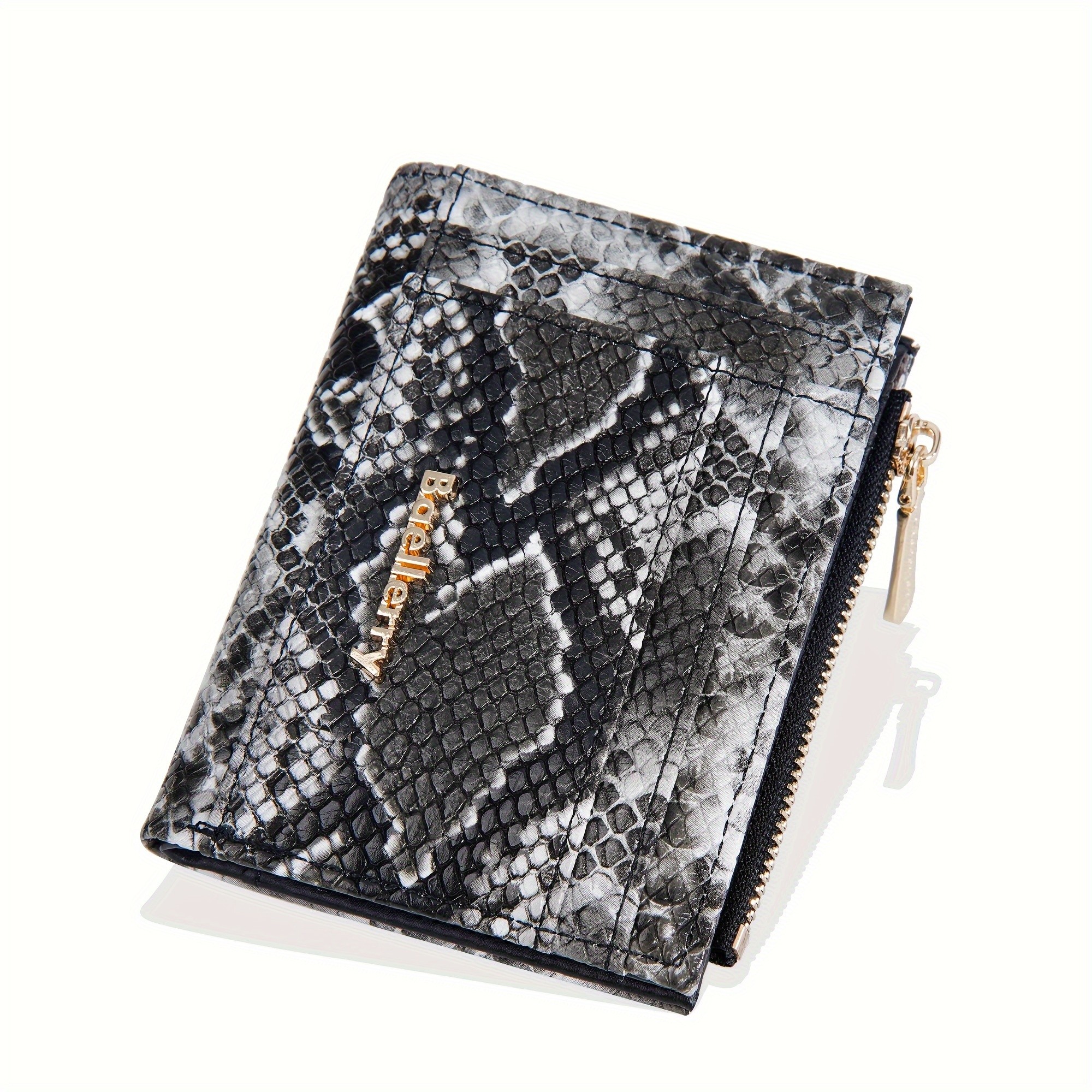 BAELLERRY Mini Women’s Wallet – Snake Pattern Short Wallet with Multi-Card Slots, Press Buckle, Money Clip & Zipper Coin Purse