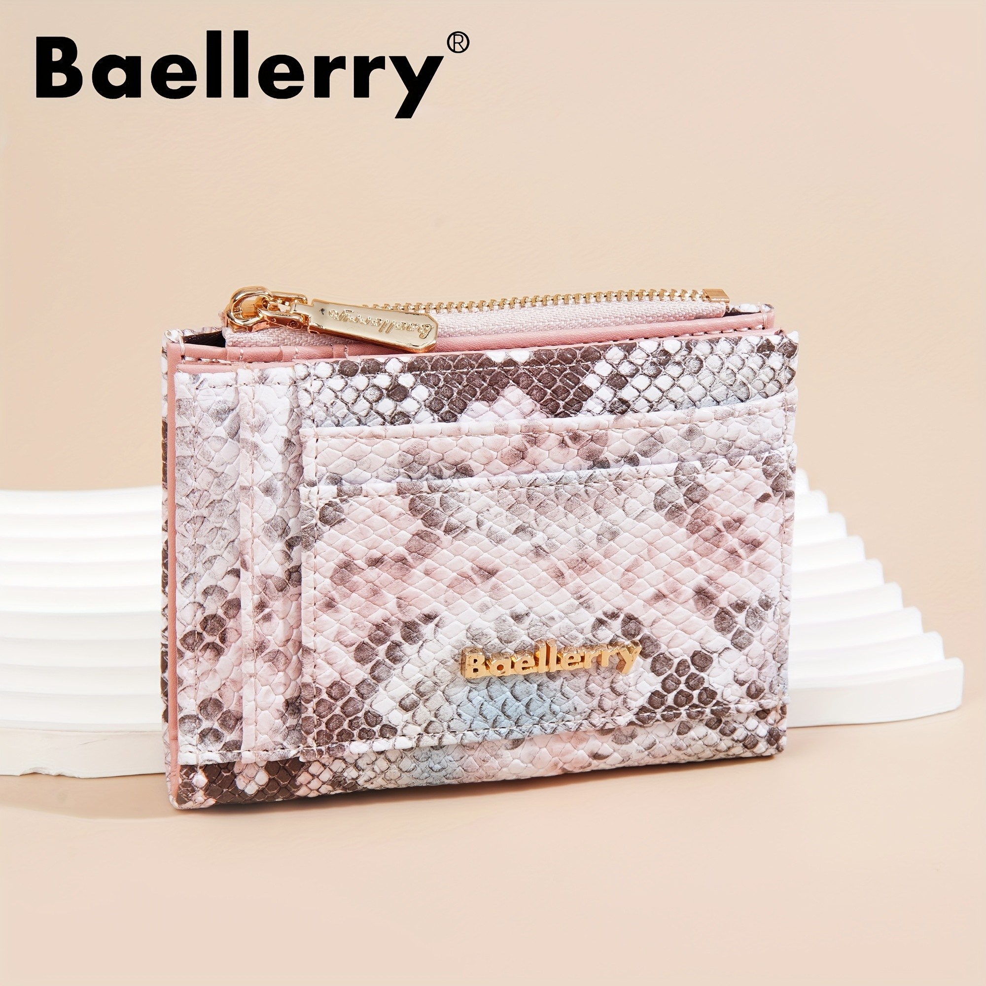 BAELLERRY Mini Women’s Wallet – Snake Pattern Short Wallet with Multi-Card Slots, Press Buckle, Money Clip & Zipper Coin Purse