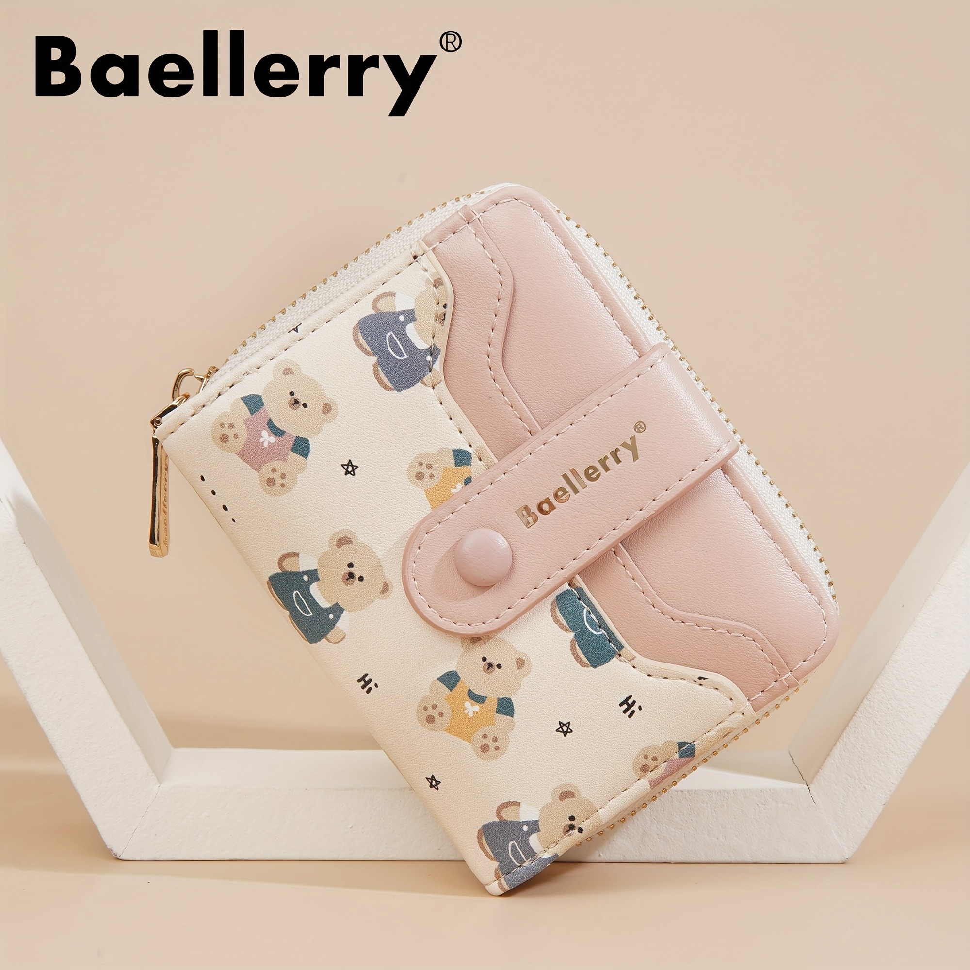 BAELLERRY Mini Women’s Wallet – Short Bear Cartoon Print Wallet with Button Closure, Card Slots & Zipper Coin Purse