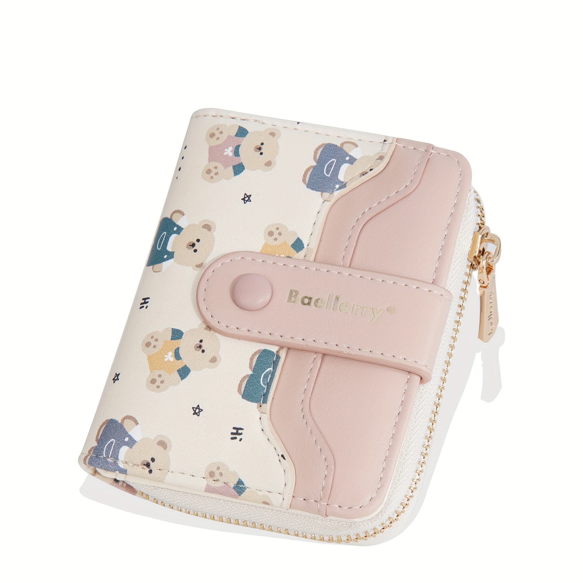 BAELLERRY Mini Women’s Wallet – Short Bear Cartoon Print Wallet with Button Closure, Card Slots & Zipper Coin Purse