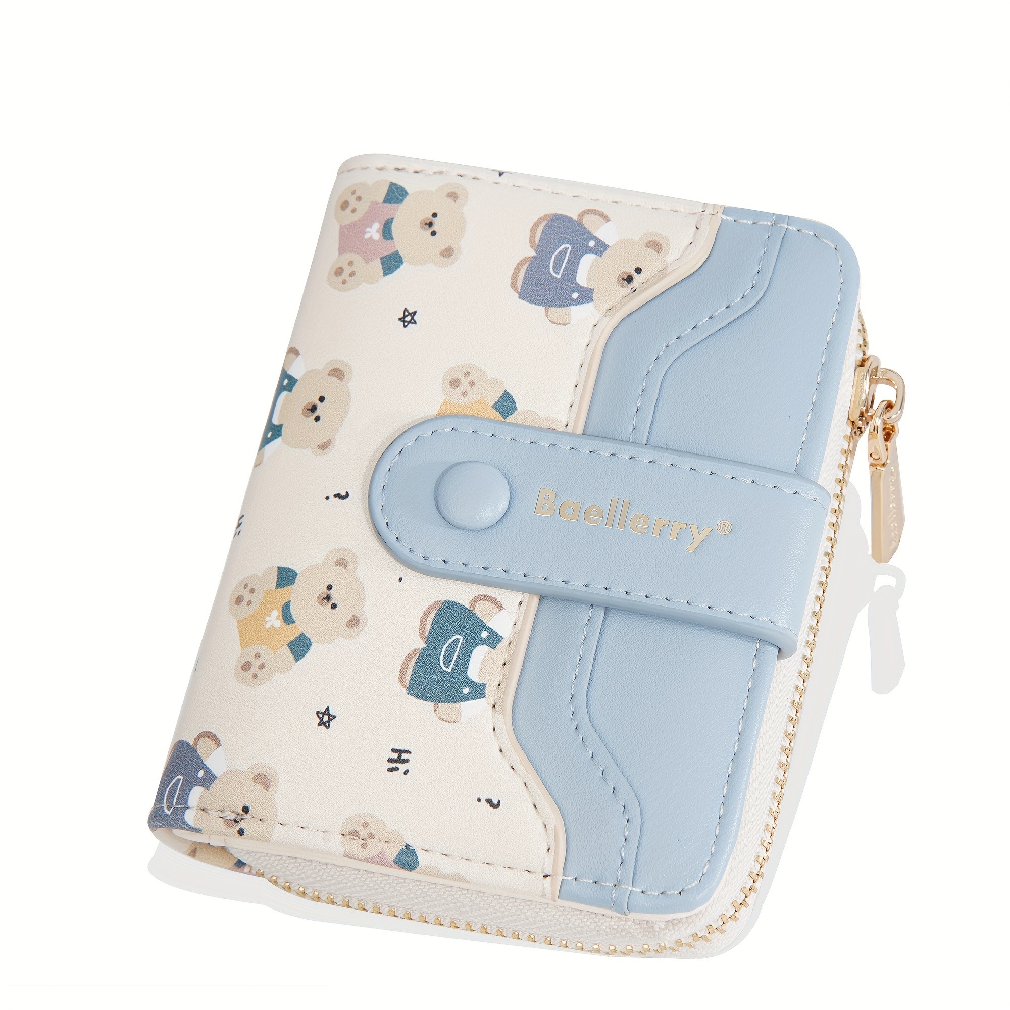 BAELLERRY Mini Women’s Wallet – Short Bear Cartoon Print Wallet with Button Closure, Card Slots & Zipper Coin Purse