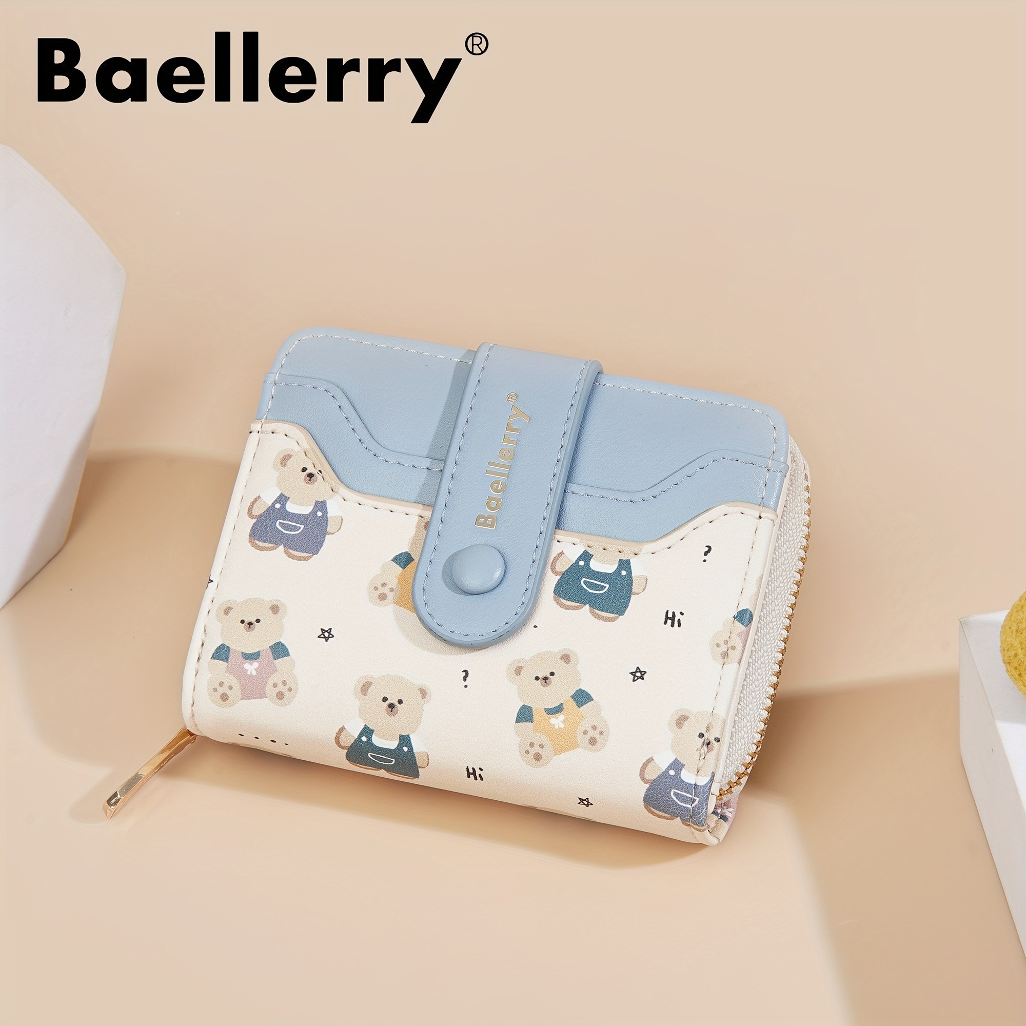 BAELLERRY Mini Women’s Wallet – Short Bear Cartoon Print Wallet with Button Closure, Card Slots & Zipper Coin Purse
