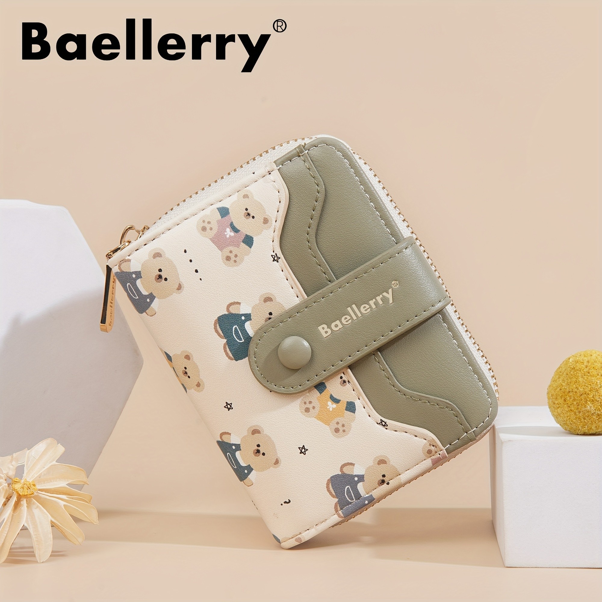 BAELLERRY Mini Women’s Wallet – Short Bear Cartoon Print Wallet with Button Closure, Card Slots & Zipper Coin Purse