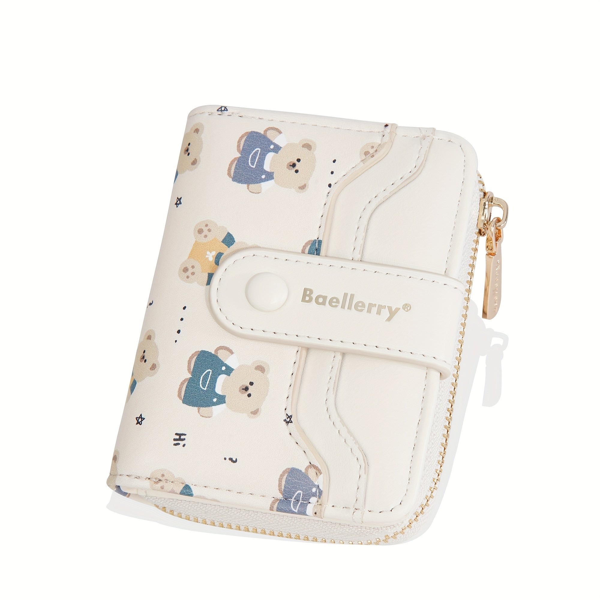 BAELLERRY Mini Women’s Wallet – Short Bear Cartoon Print Wallet with Button Closure, Card Slots & Zipper Coin Purse