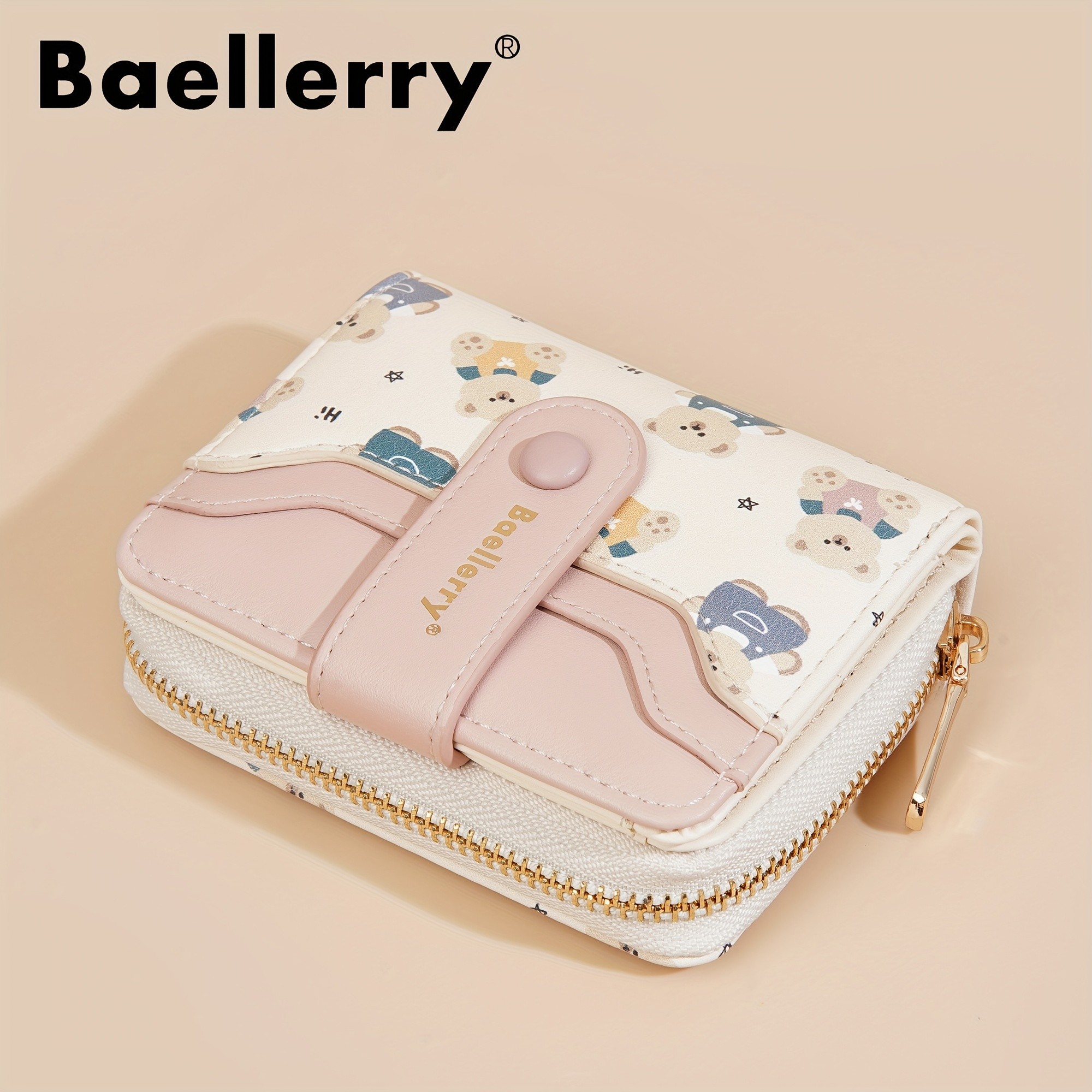 BAELLERRY Mini Women’s Wallet – Short Bear Cartoon Print Wallet with Button Closure, Card Slots & Zipper Coin Purse