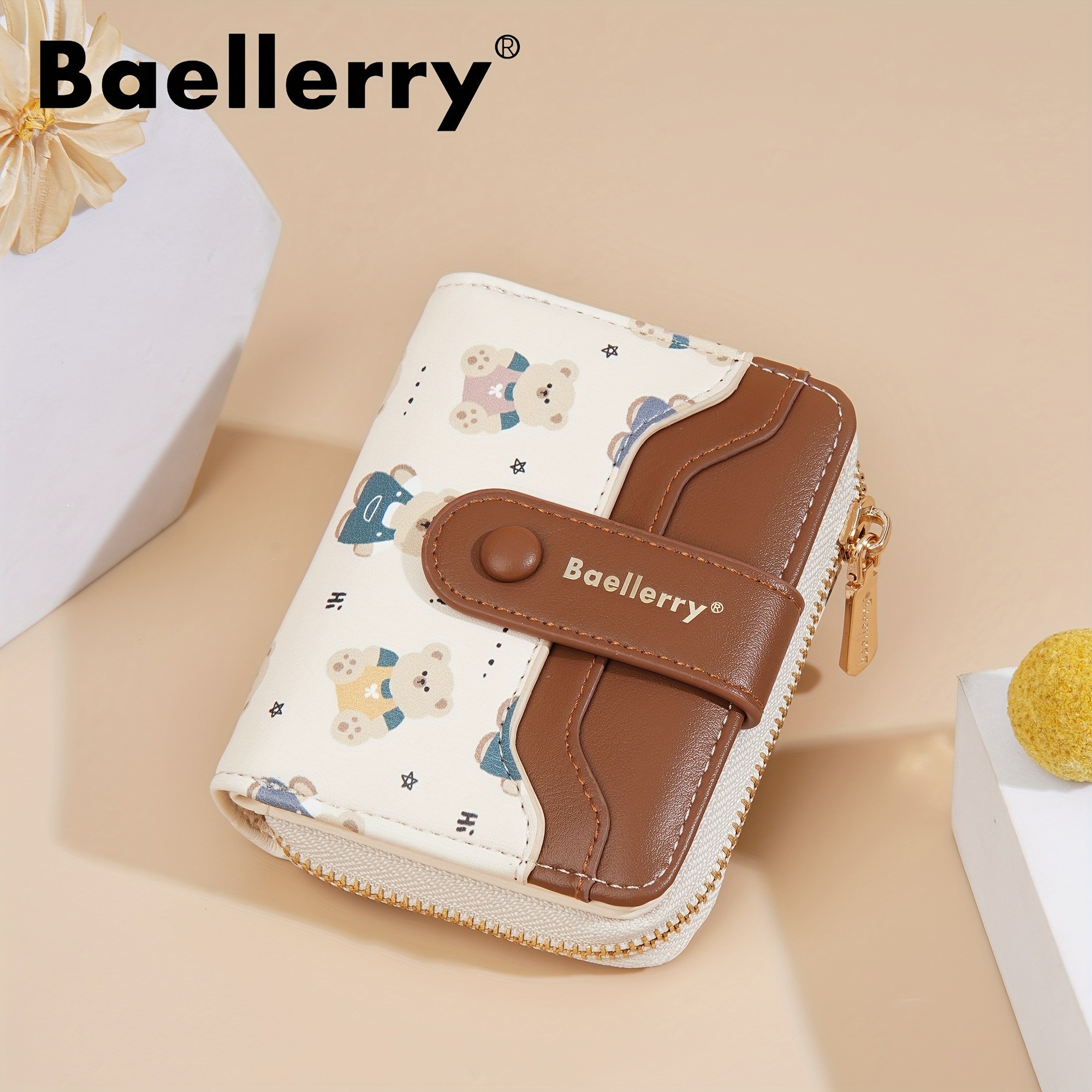 BAELLERRY Mini Women’s Wallet – Short Bear Cartoon Print Wallet with Button Closure, Card Slots & Zipper Coin Purse