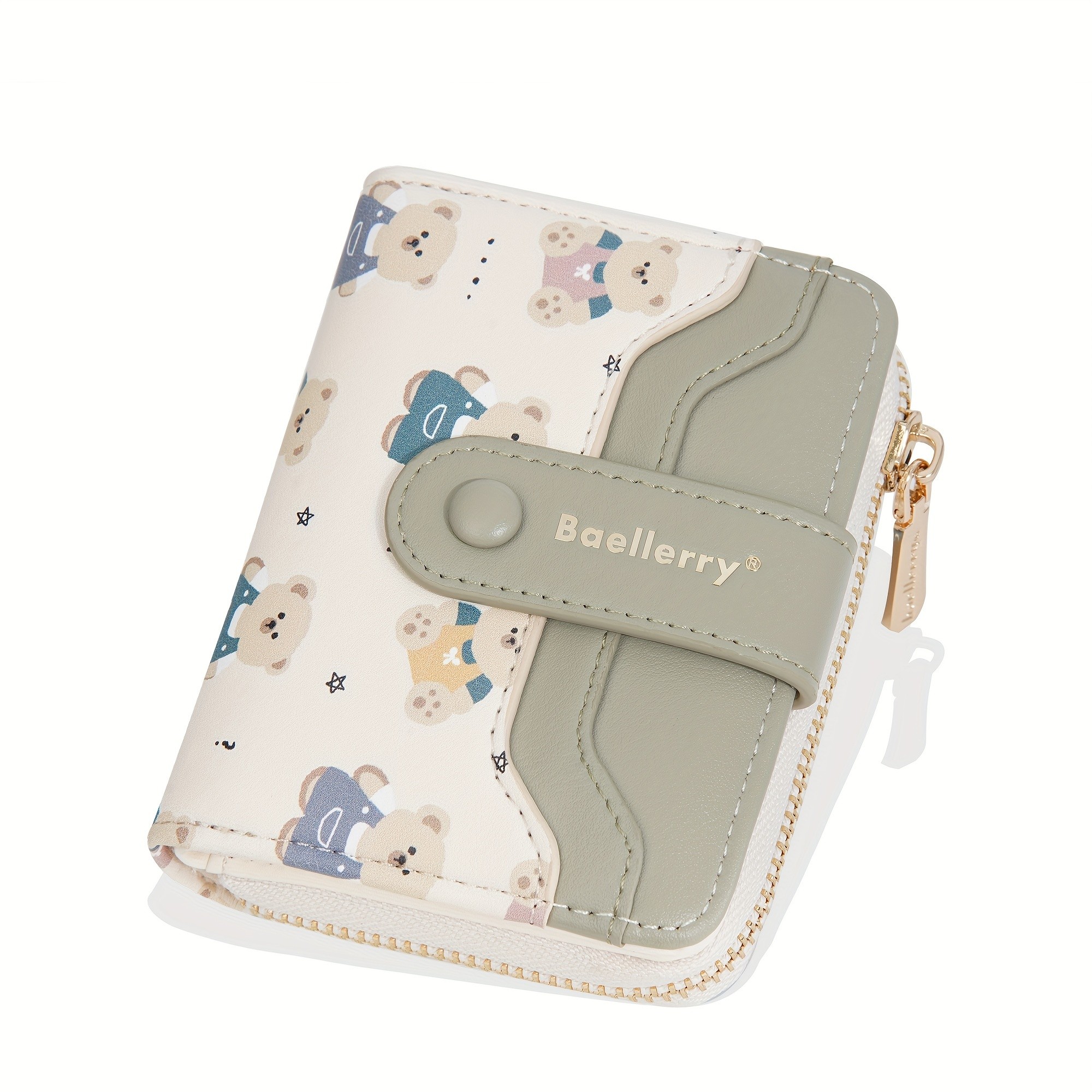 BAELLERRY Mini Women’s Wallet – Short Bear Cartoon Print Wallet with Button Closure, Card Slots & Zipper Coin Purse