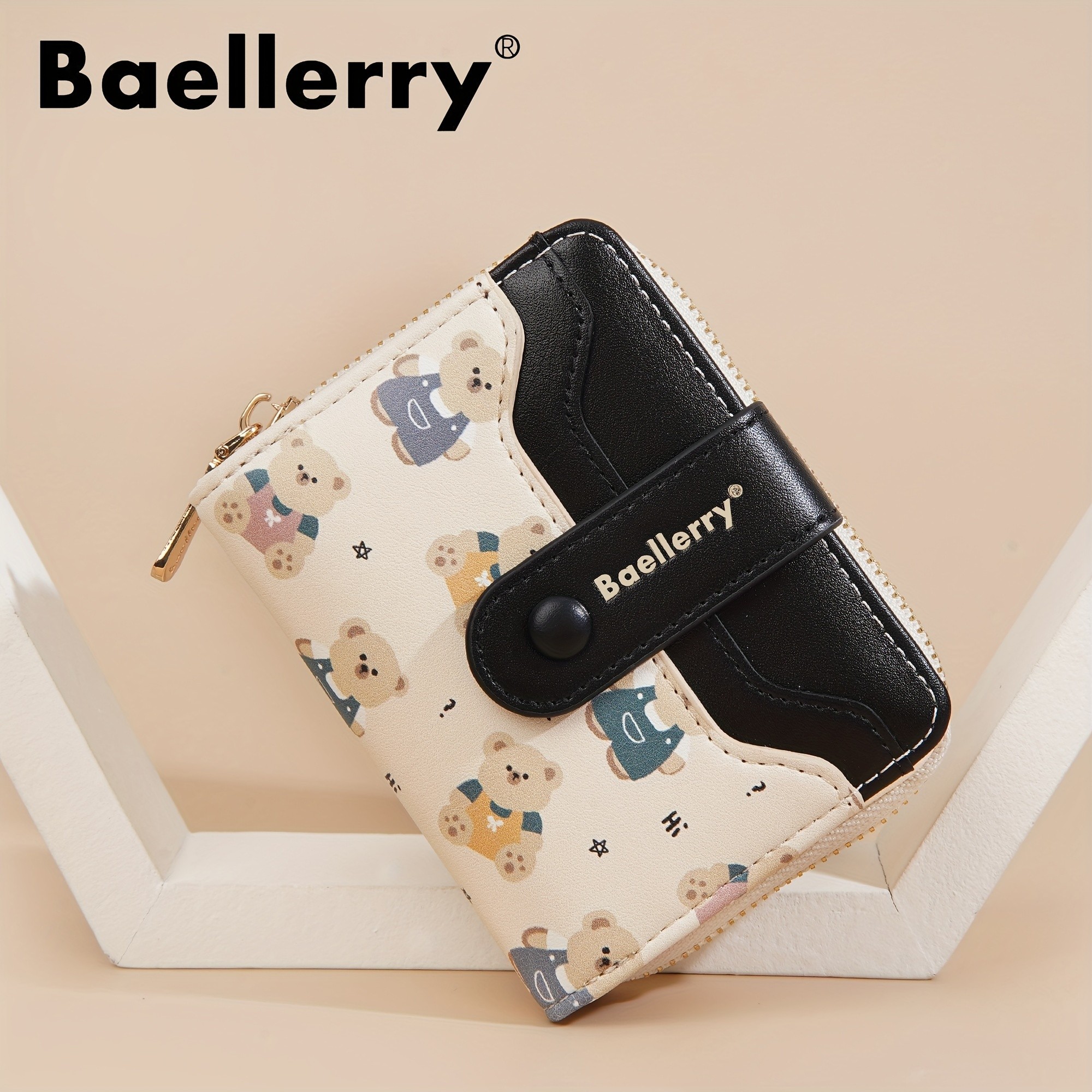 BAELLERRY Mini Women’s Wallet – Short Bear Cartoon Print Wallet with Button Closure, Card Slots & Zipper Coin Purse