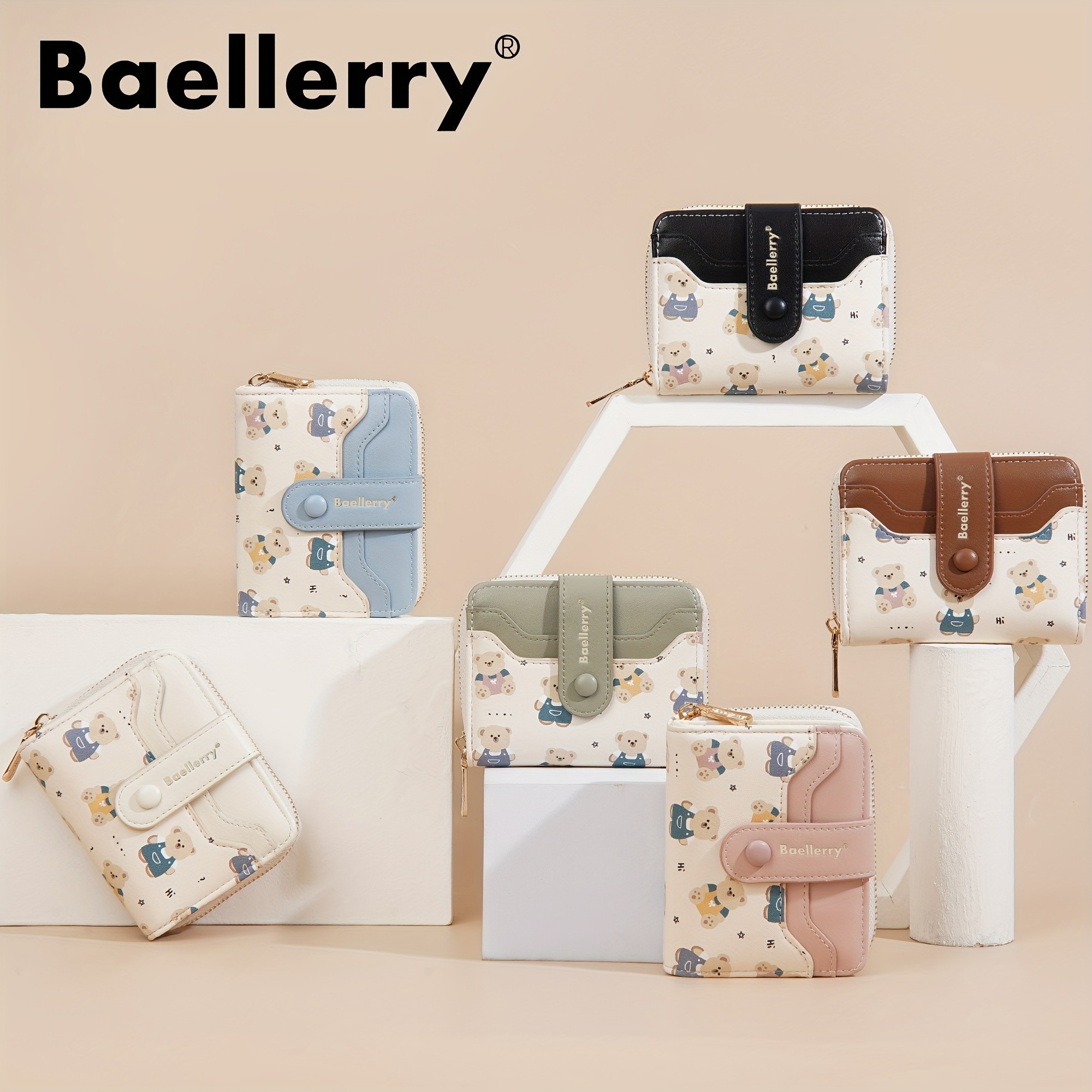 BAELLERRY Mini Women’s Wallet – Short Bear Cartoon Print Wallet with Button Closure, Card Slots & Zipper Coin Purse