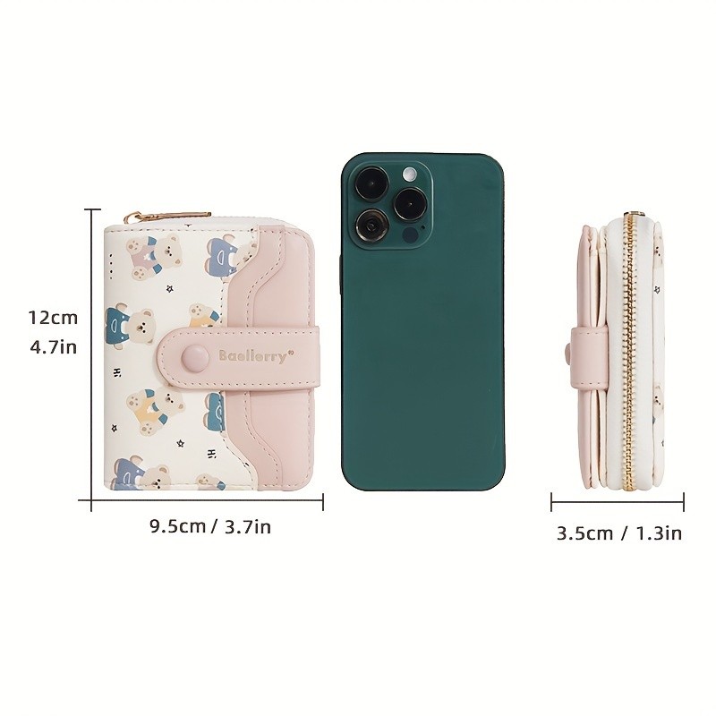 BAELLERRY Mini Women’s Wallet – Short Bear Cartoon Print Wallet with Button Closure, Card Slots & Zipper Coin Purse