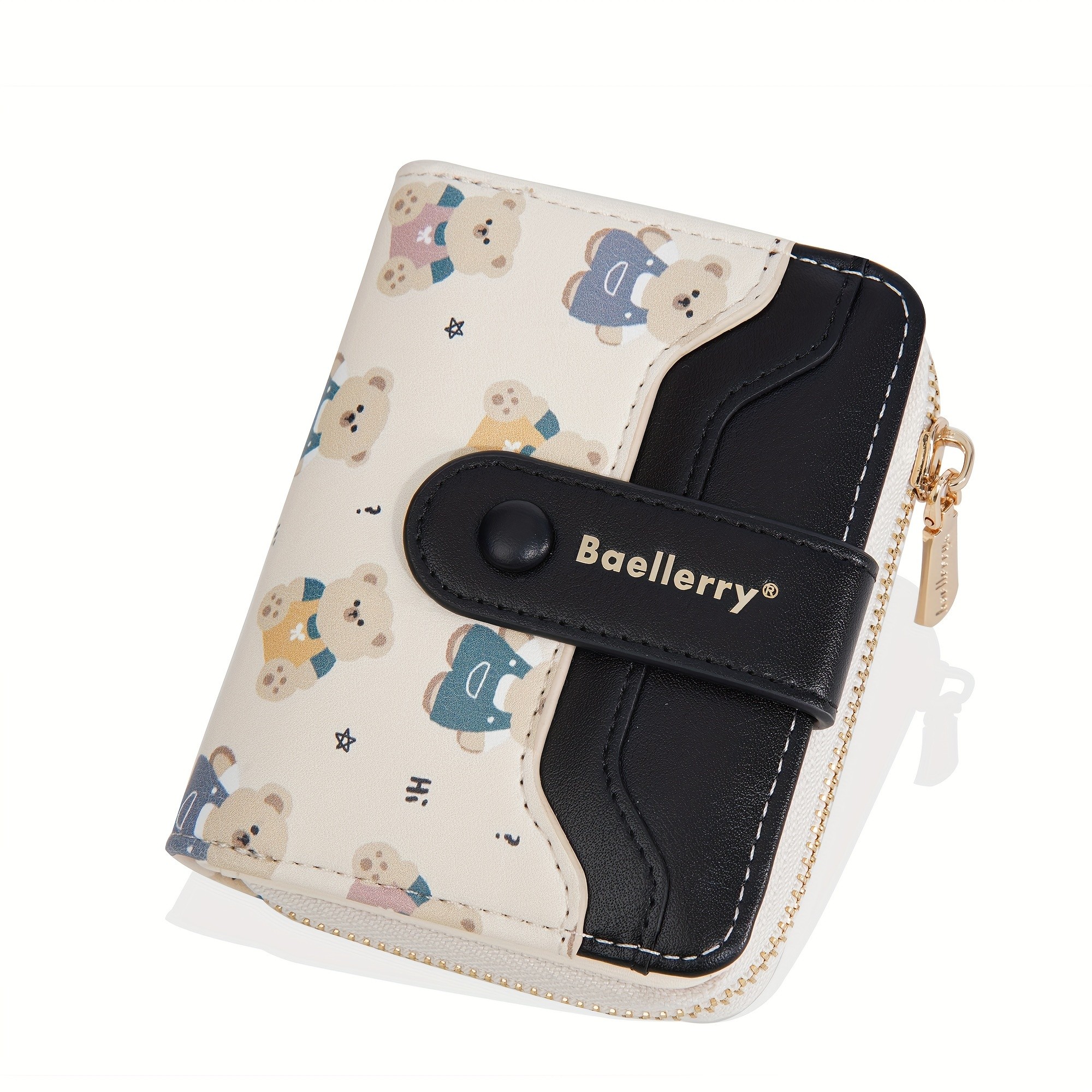 BAELLERRY Mini Women’s Wallet – Short Bear Cartoon Print Wallet with Button Closure, Card Slots & Zipper Coin Purse