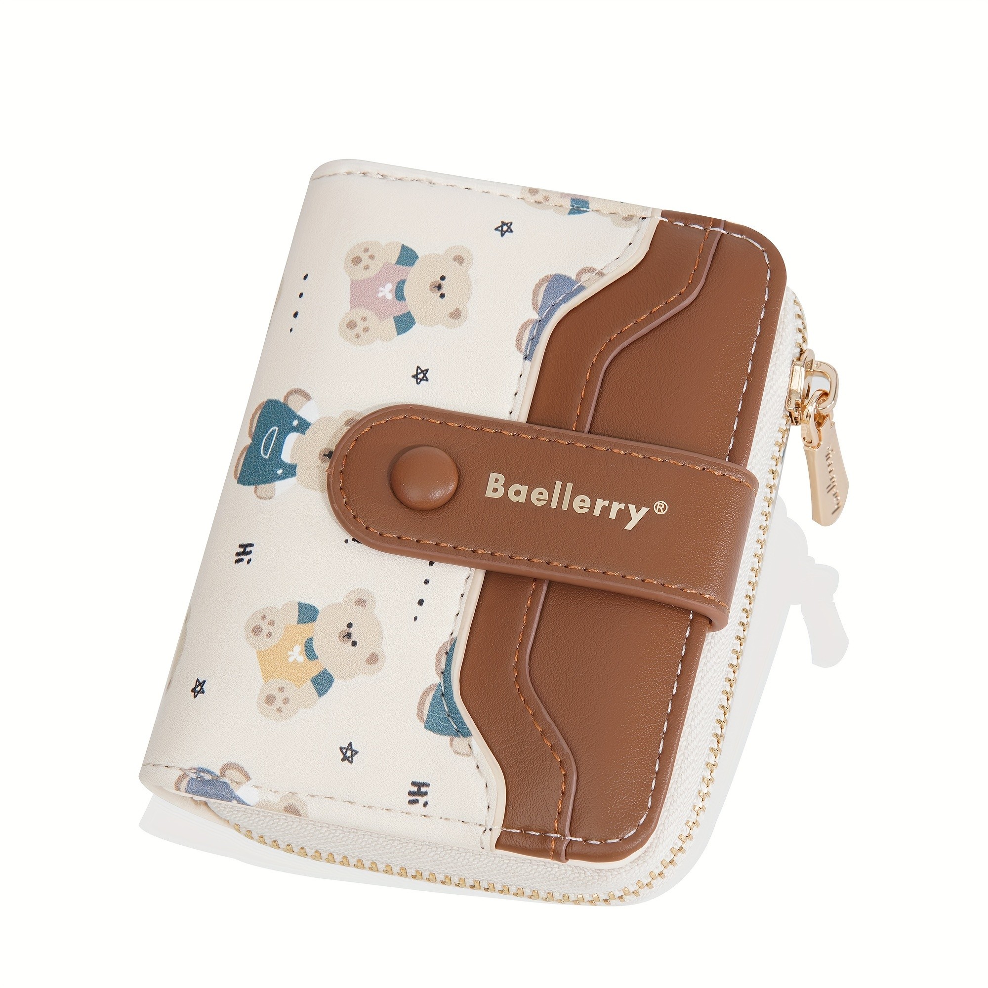 BAELLERRY Mini Women’s Wallet – Short Bear Cartoon Print Wallet with Button Closure, Card Slots & Zipper Coin Purse