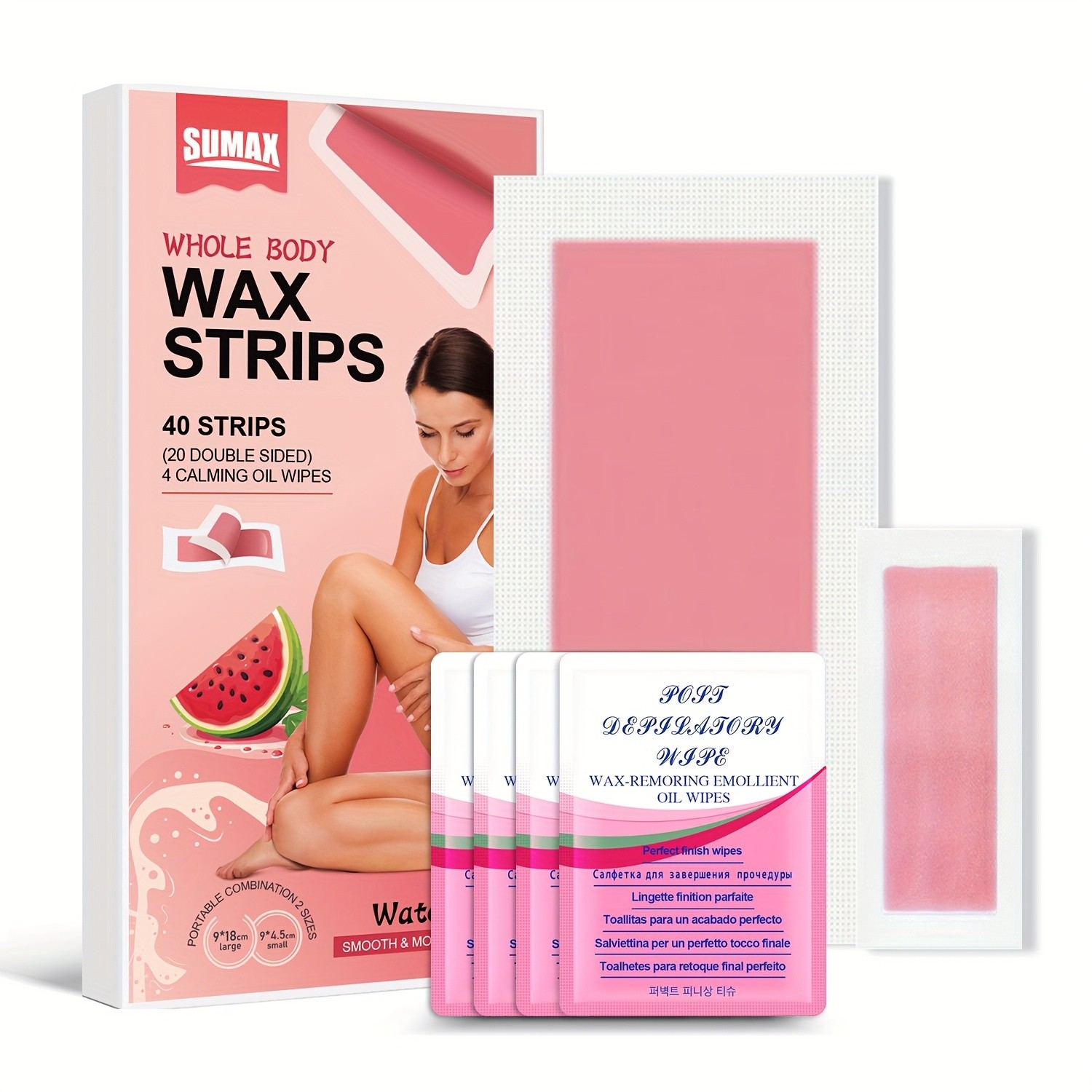 SUMAX Whole Body Wax Strips Kit – 40 Watermelon-Infused Double-Sided Strips + 4 Calming Oil Wipes