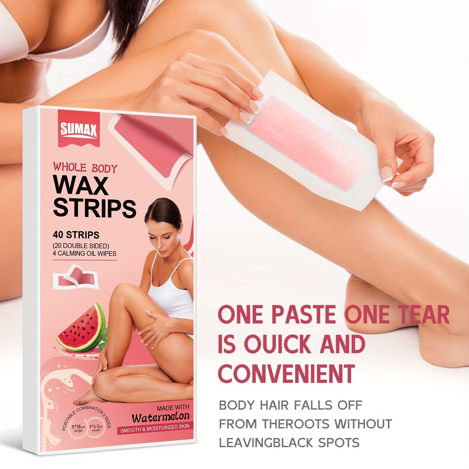 SUMAX Whole Body Wax Strips Kit – 40 Watermelon-Infused Double-Sided Strips + 4 Calming Oil Wipes