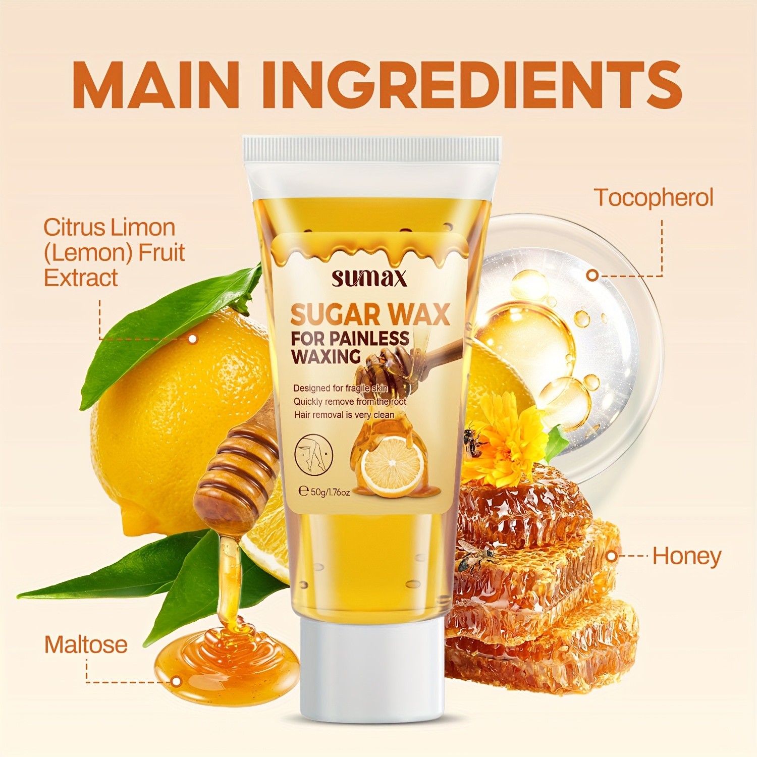 SUMAX Lemon & Honey Hair Removal Wax – Gentle 50g Formula with Plant-Based Squalane for Face & Body