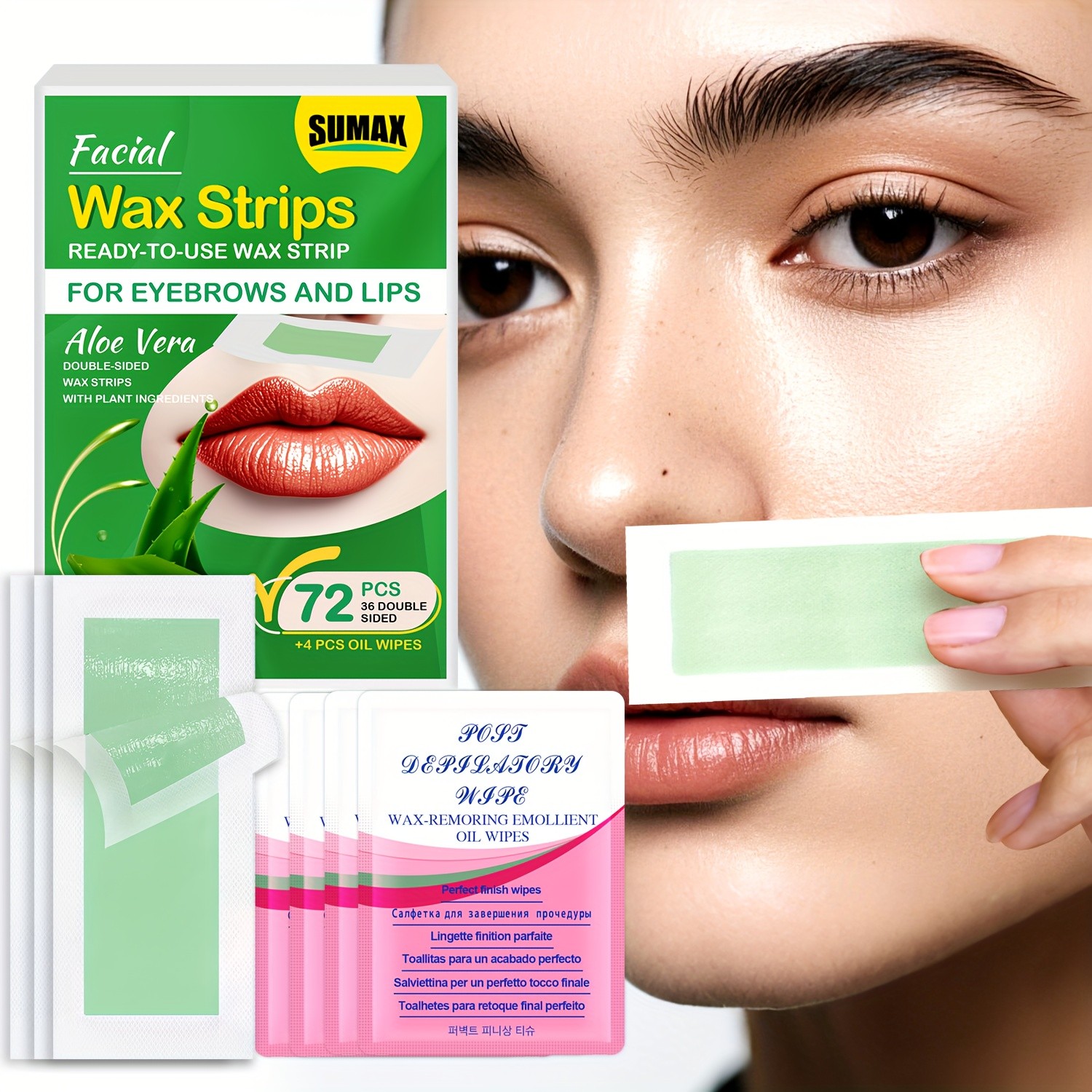SUMAX 72pcs Aloe Vera Facial Wax Strips – Quick, Moisturizing & Easy Hair Removal for Face & Body