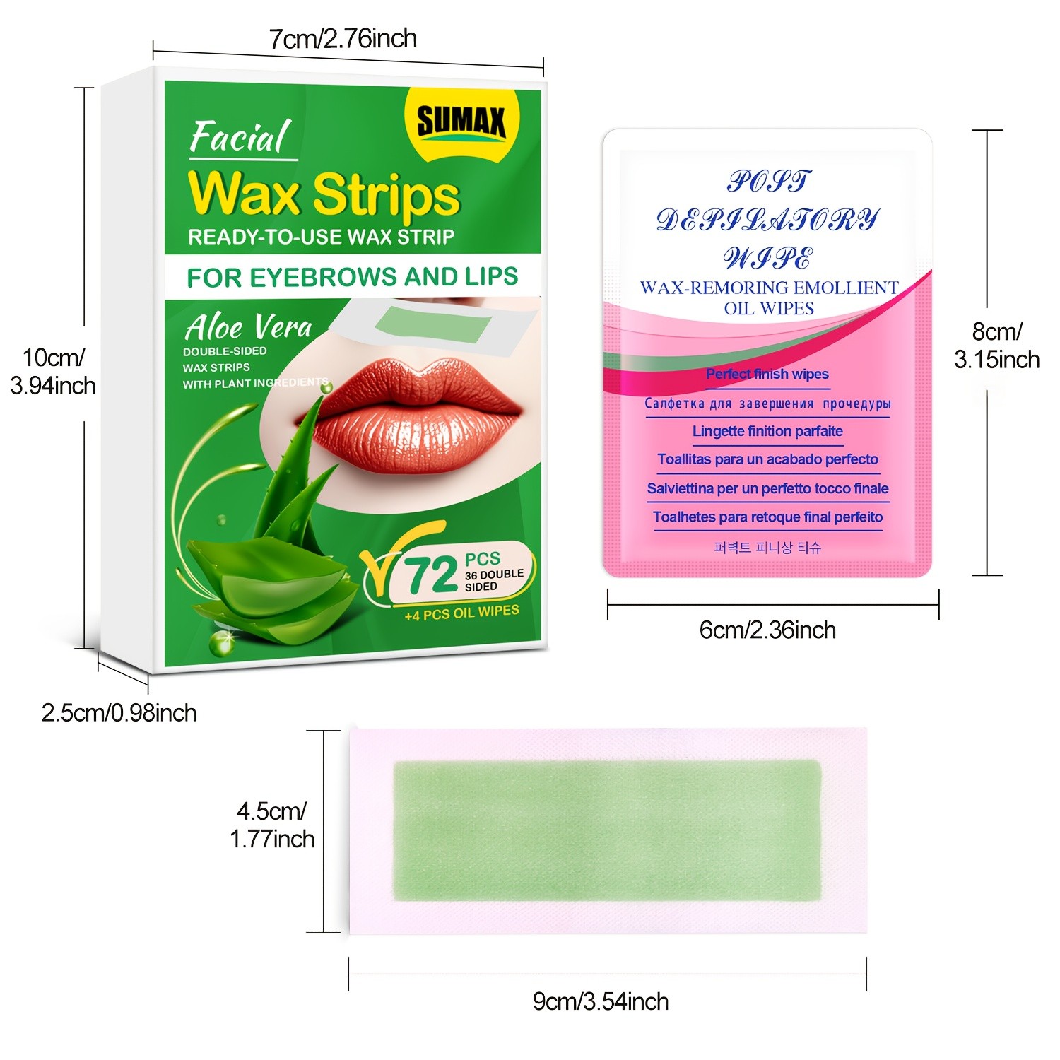 SUMAX 72pcs Aloe Vera Facial Wax Strips – Quick, Moisturizing & Easy Hair Removal for Face & Body