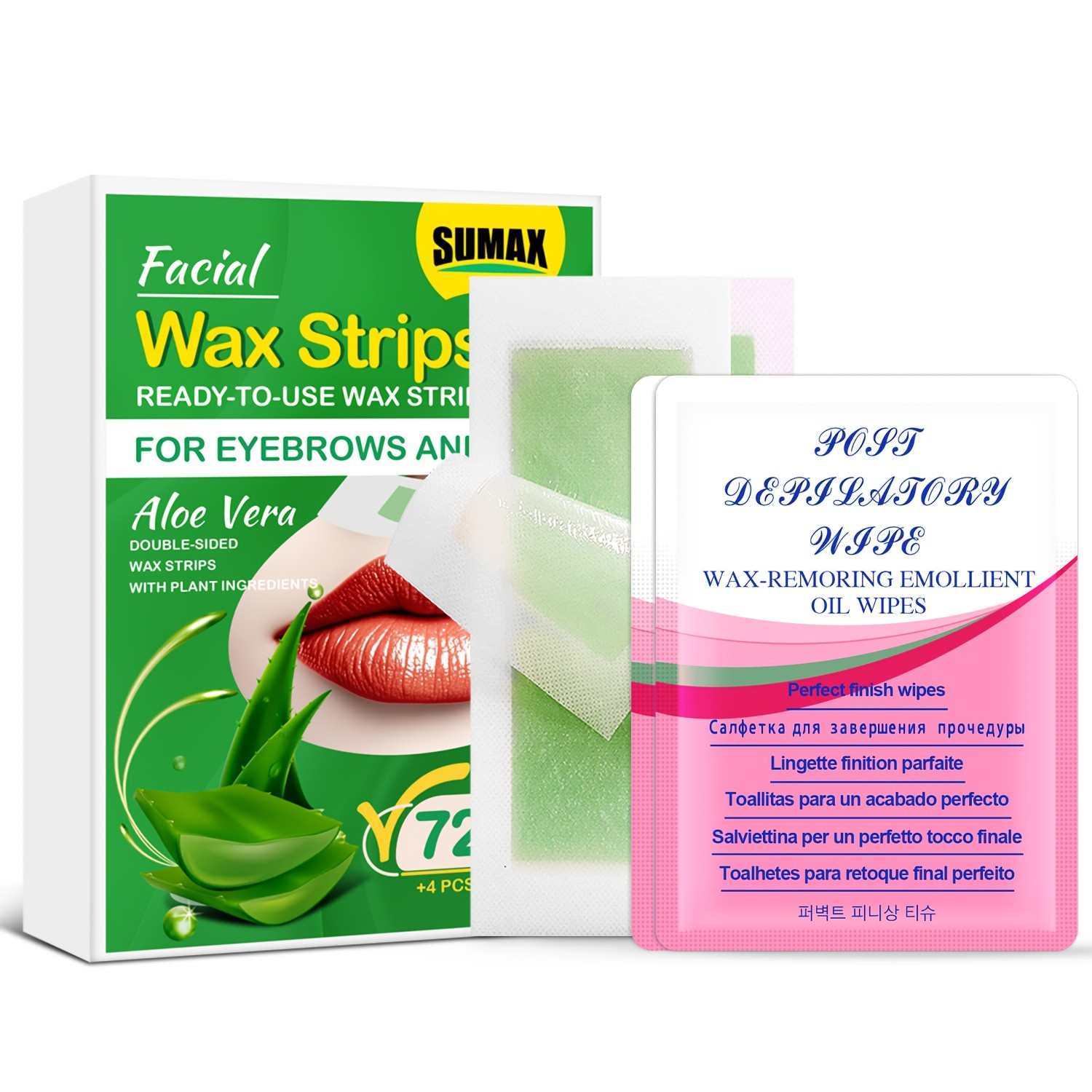 SUMAX 72pcs Aloe Vera Facial Wax Strips – Quick, Moisturizing & Easy Hair Removal for Face & Body