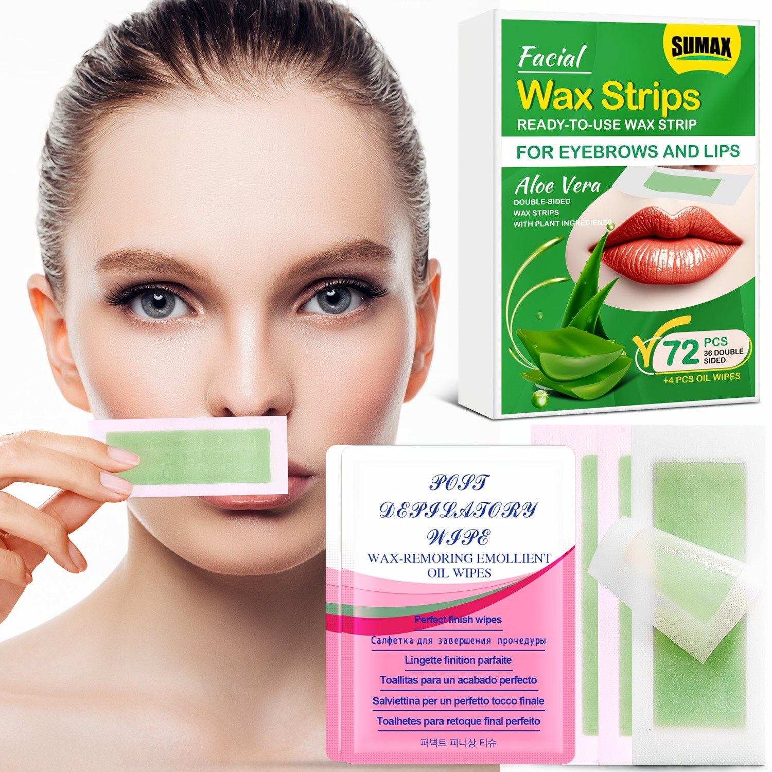 SUMAX 72pcs Aloe Vera Facial Wax Strips – Quick, Moisturizing & Easy Hair Removal for Face & Body