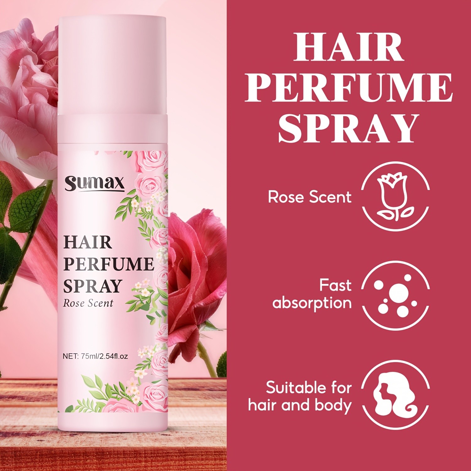 SUMAX Rose Hair Perfume Spray – 75ml Long-Lasting Floral Mist for Hair & Body with Plant-Based Squalane
