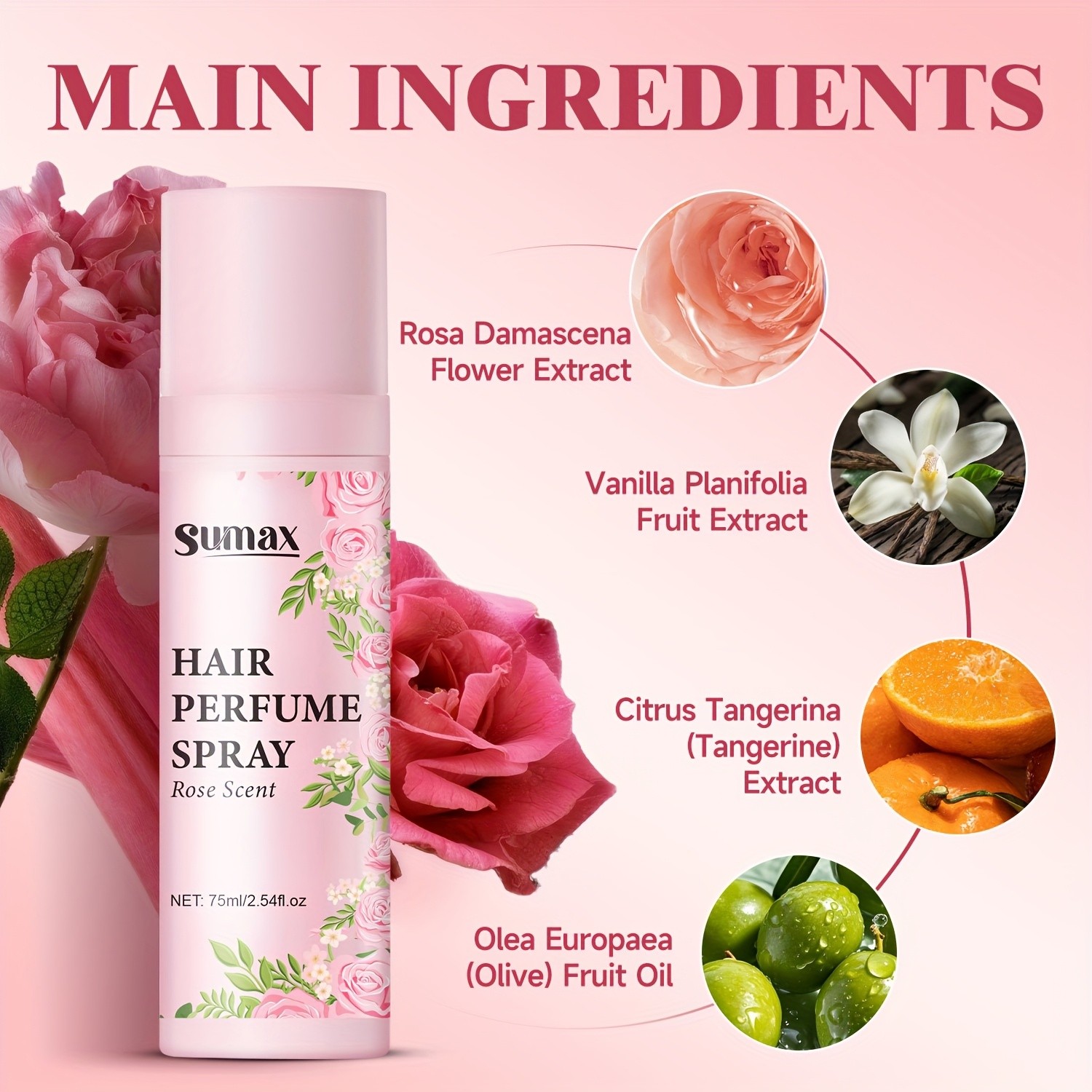 SUMAX Rose Hair Perfume Spray – 75ml Long-Lasting Floral Mist for Hair & Body with Plant-Based Squalane