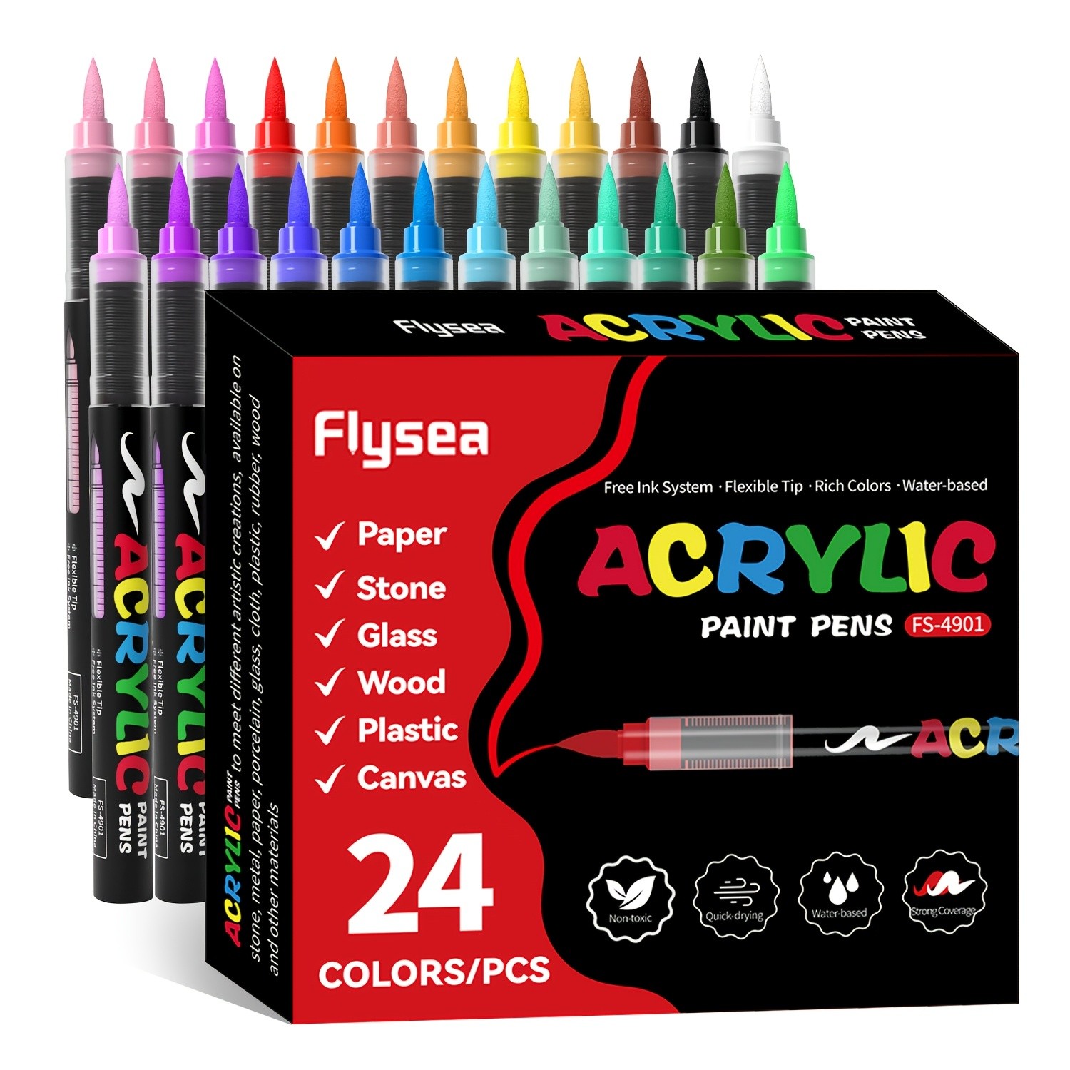 FLYSEA Acrylic Paint Marker Set – 12 / 24 / 36 Vibrant Non-Toxic Stackable Markers for Multi-Surface Art