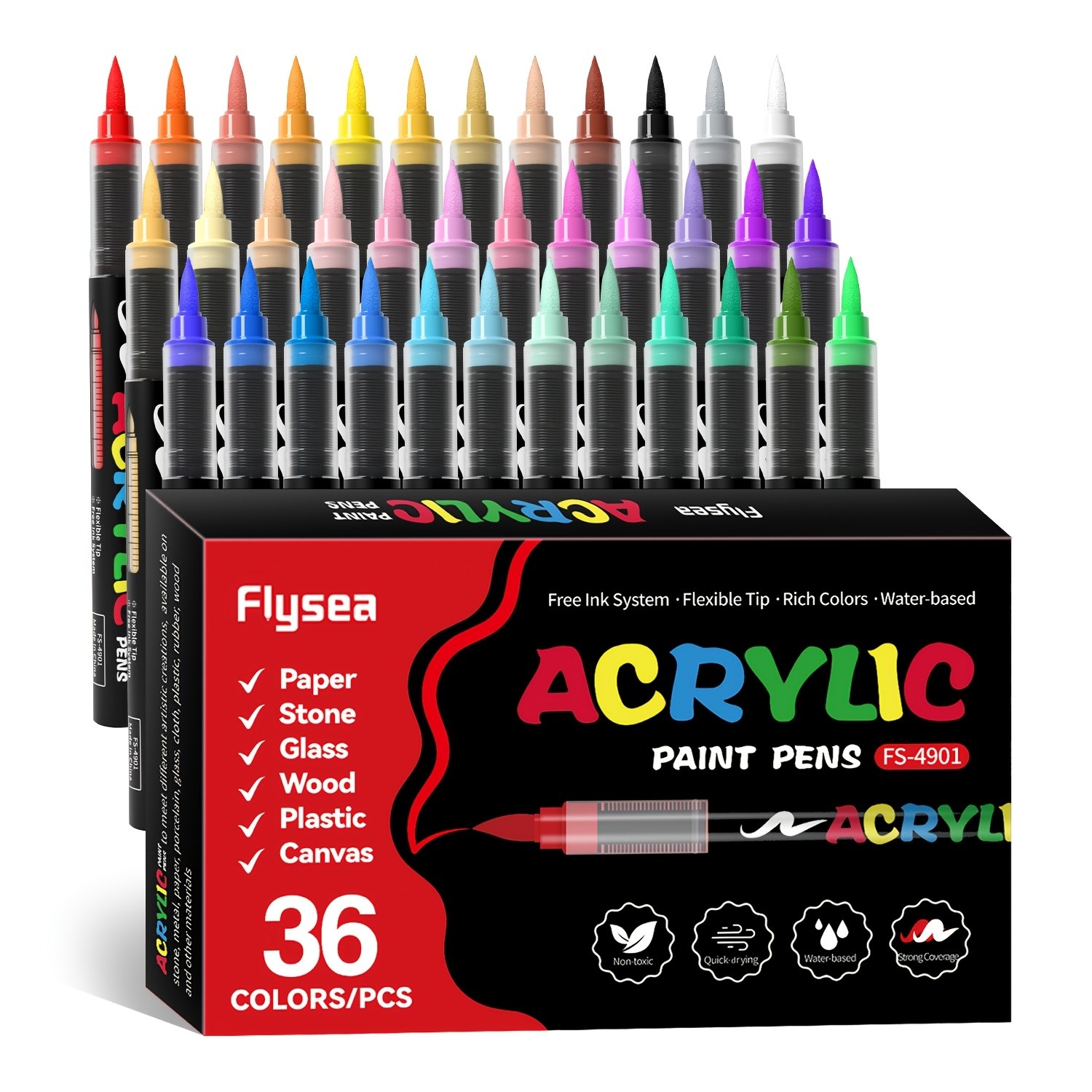 FLYSEA Acrylic Paint Marker Set – 12 / 24 / 36 Vibrant Non-Toxic Stackable Markers for Multi-Surface Art