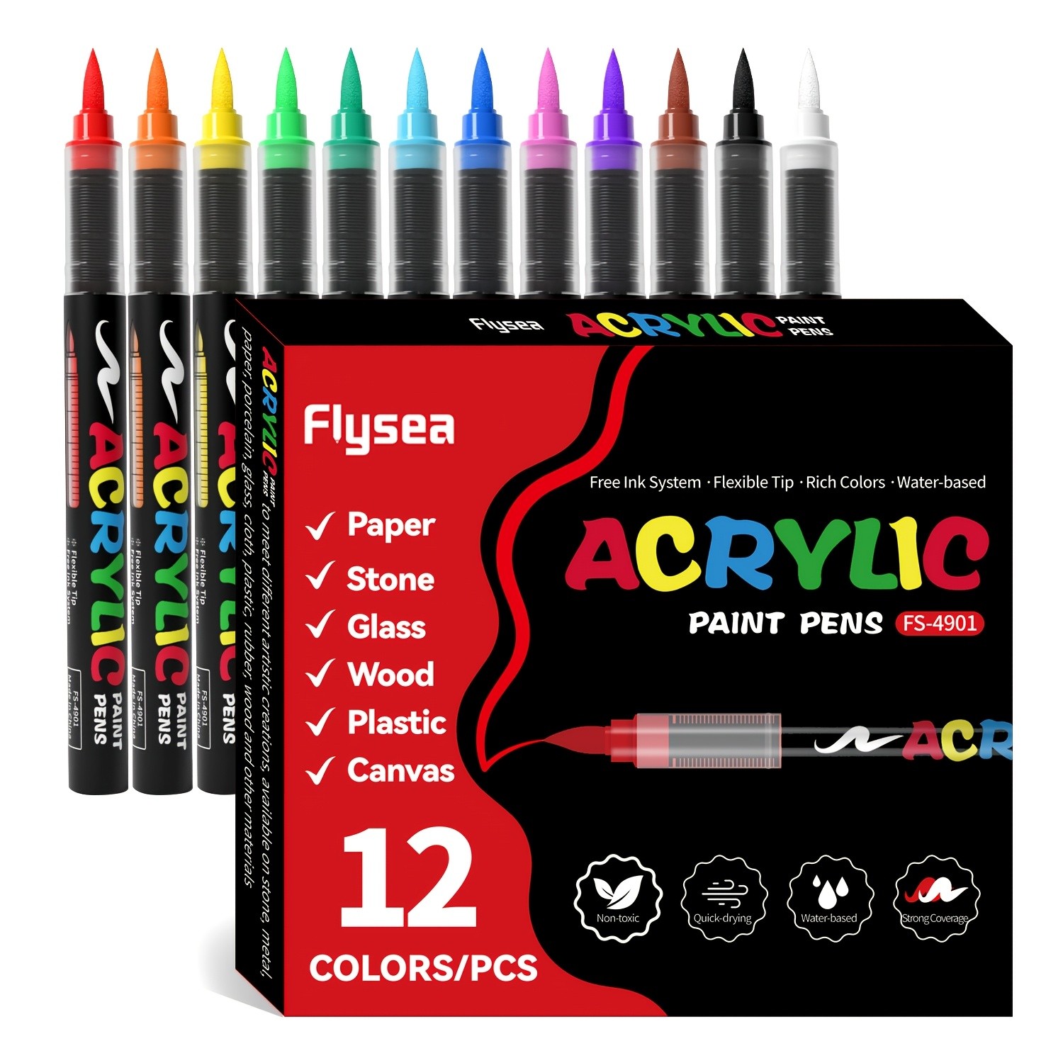FLYSEA Acrylic Paint Marker Set – 12 / 24 / 36 Vibrant Non-Toxic Stackable Markers for Multi-Surface Art