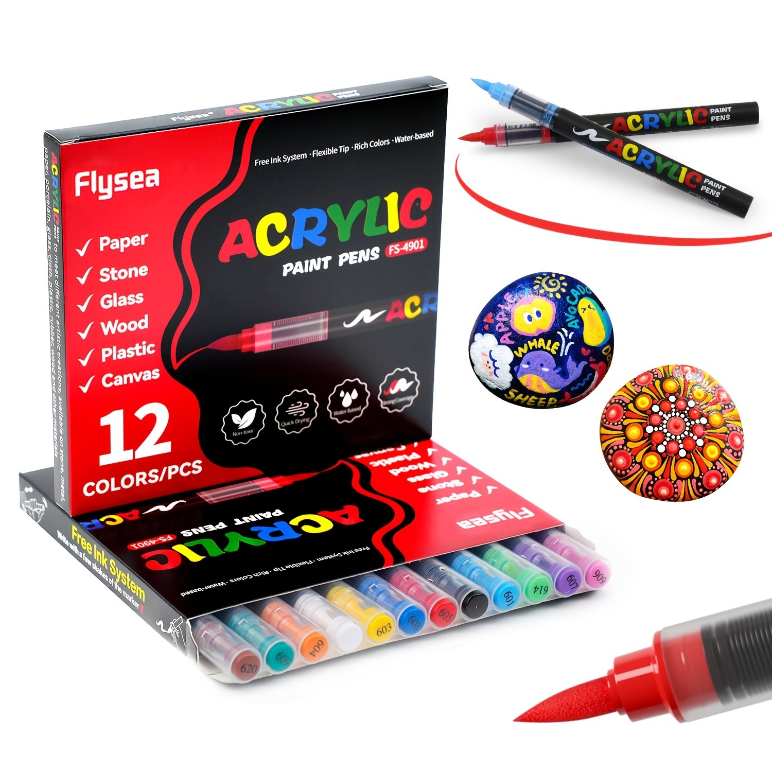 FLYSEA Acrylic Paint Marker Set – 12 / 24 / 36 Vibrant Non-Toxic Stackable Markers for Multi-Surface Art