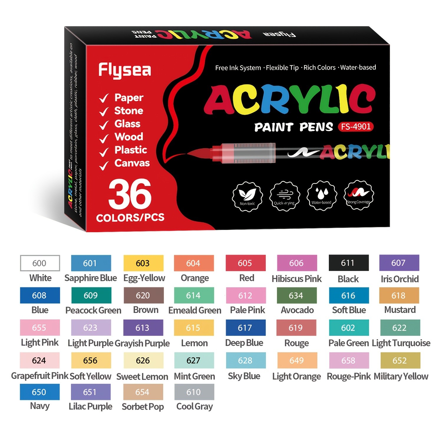 FLYSEA Acrylic Paint Marker Set – 12 / 24 / 36 Vibrant Non-Toxic Stackable Markers for Multi-Surface Art