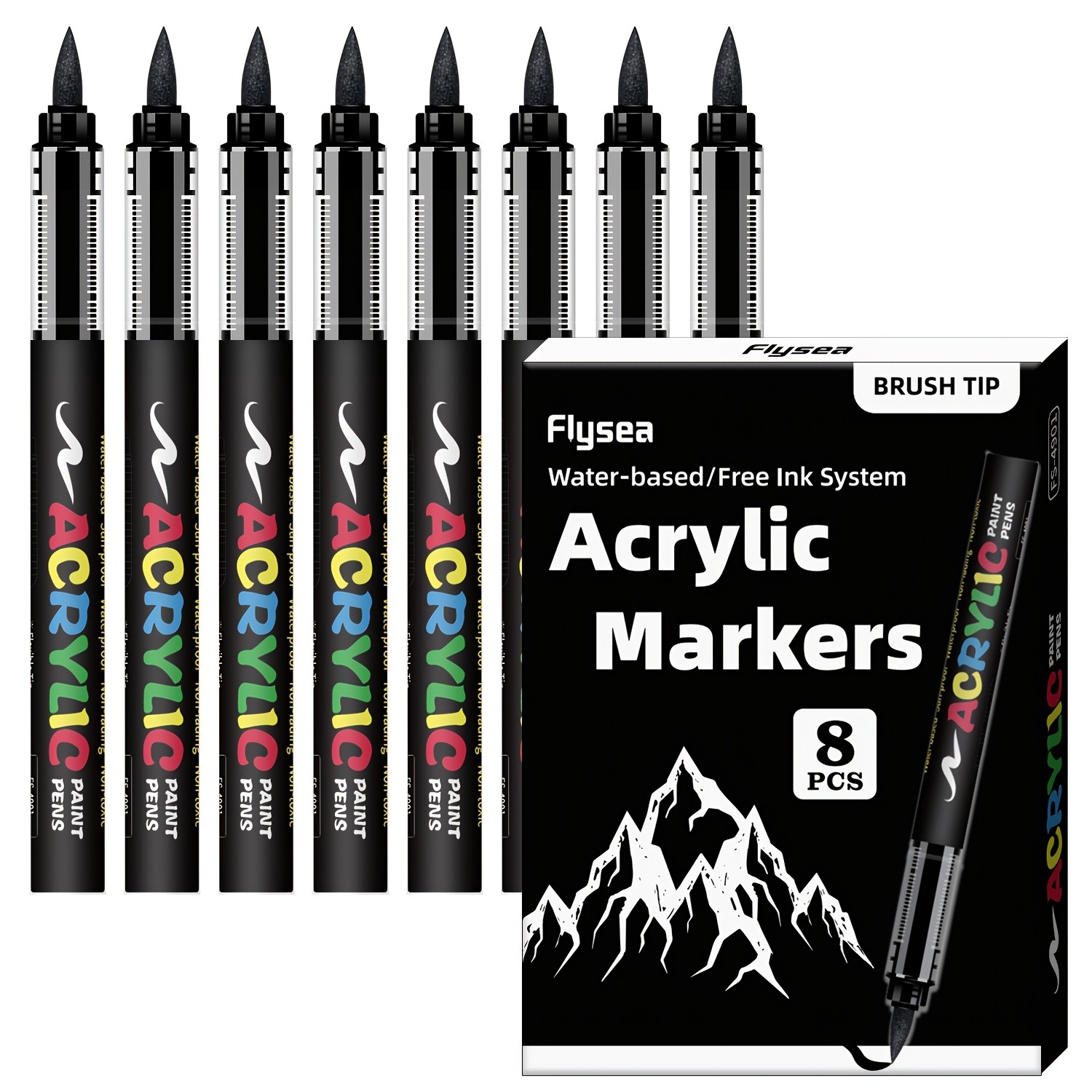 FLYSEA 8pcs Professional Water-Based Acrylic Paint Marker Pens – Soft Brush Tip, Multi-Surface, Black & White Set with 8 Color-Coding Caps